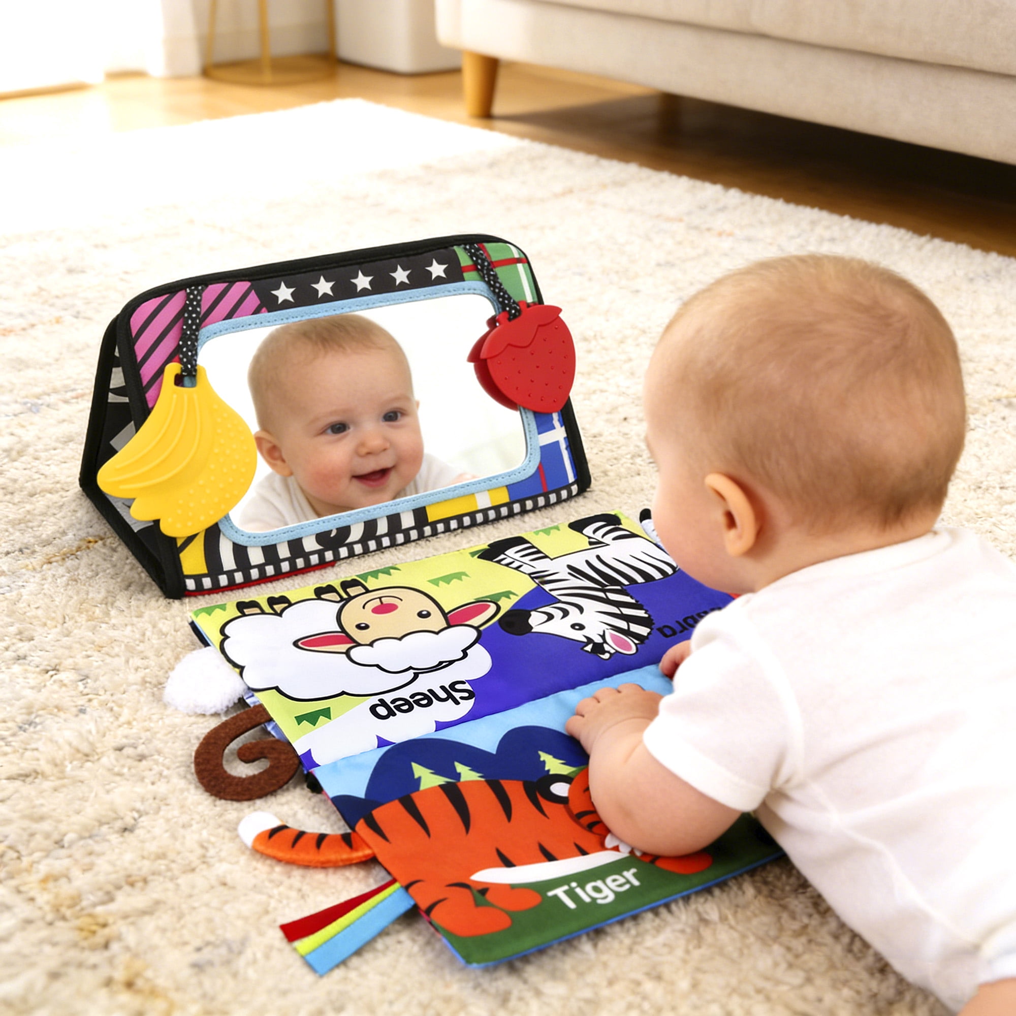 LotFancy Baby Tummy Time Mirror and Crinkle Cloth Book Set (Black and White, 2 Piece Set) l785z