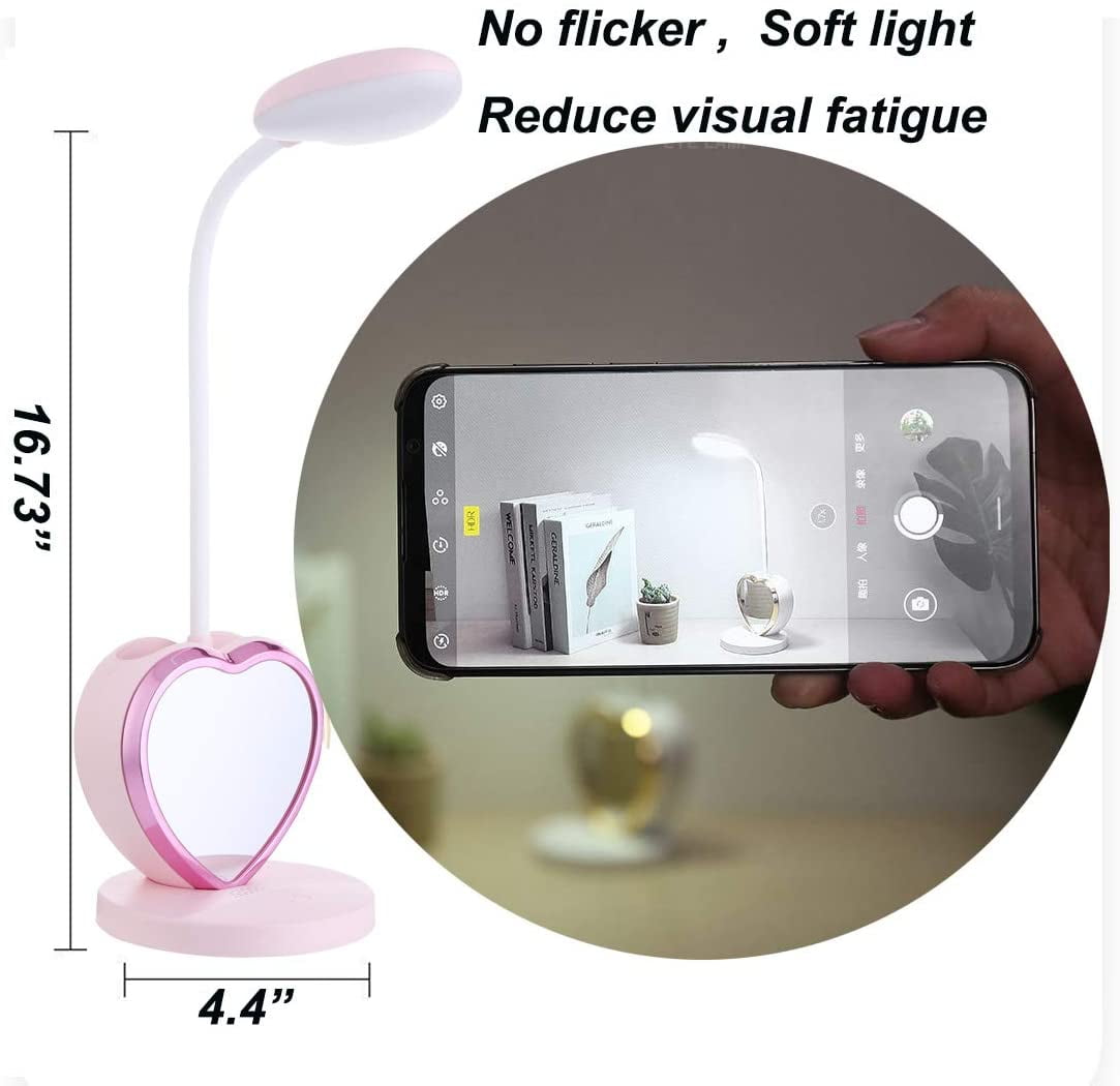 TOEVER LED Desk Lamp for Study and Reading, Eye-Caring Table Light with Pen Holder, Phone Stand, and Mirror (Pink, 1 Unit) k4kpm