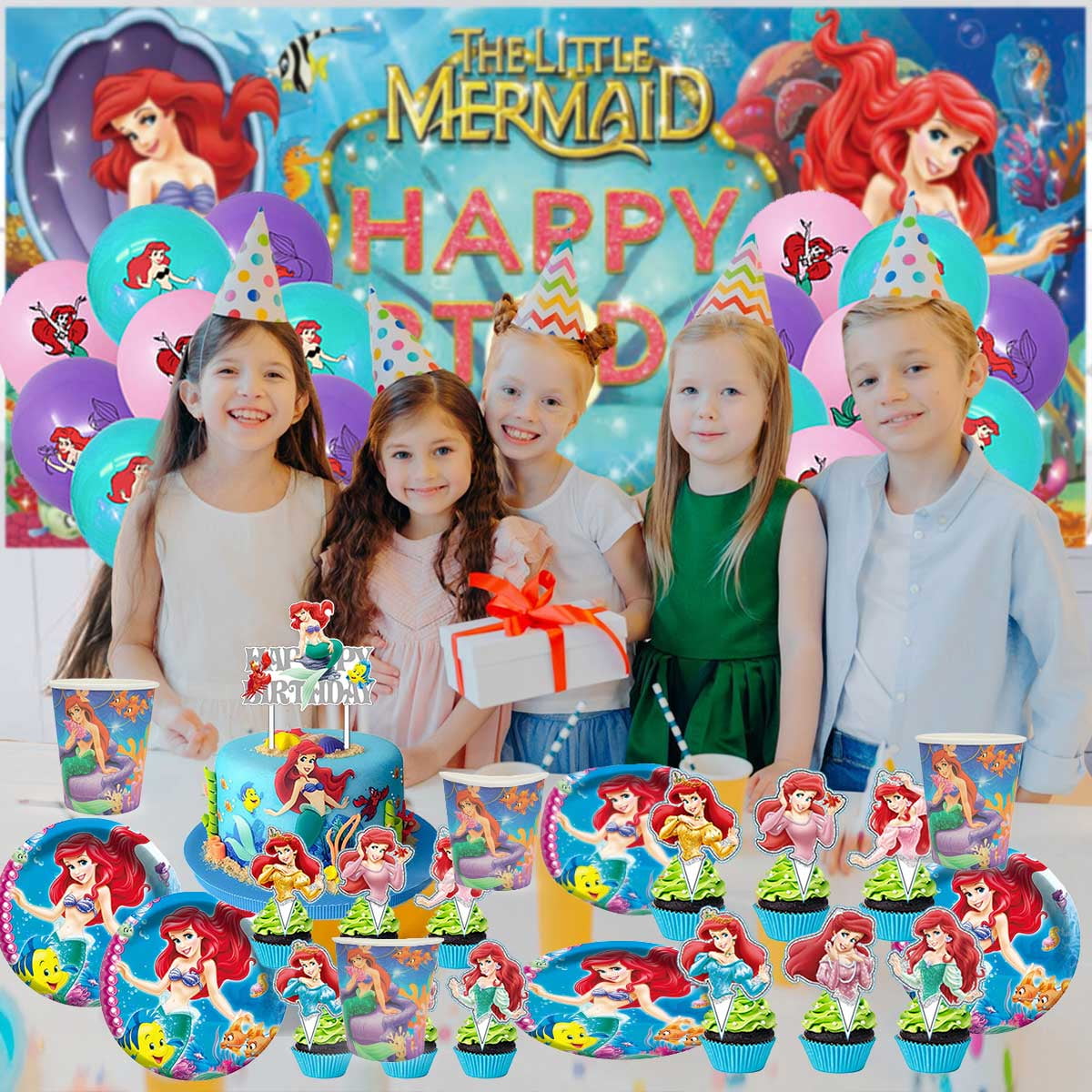 XYUJUNTAN Mermaid Birthday Party Supplies Set with Backdrop, Plates, and Cake Toppers (1 Set) 9nrjc