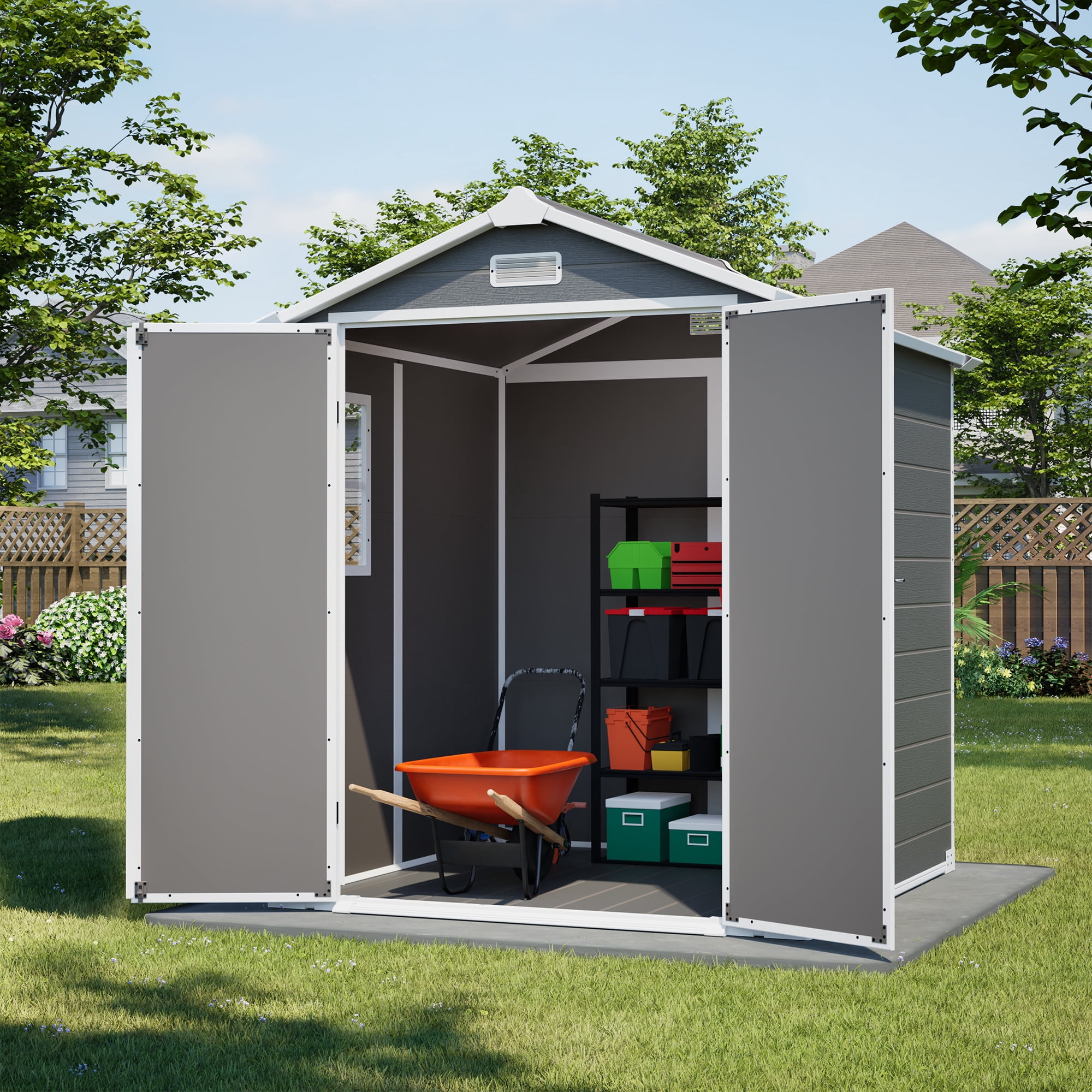 LZBEITEM 6 ft x 6 ft Outdoor Storage Shed, Weather-Resistant Resin Tool Shed with Heavy-Duty Floor and Lockable Doors (Grey, 205 cu.ft) sgccu