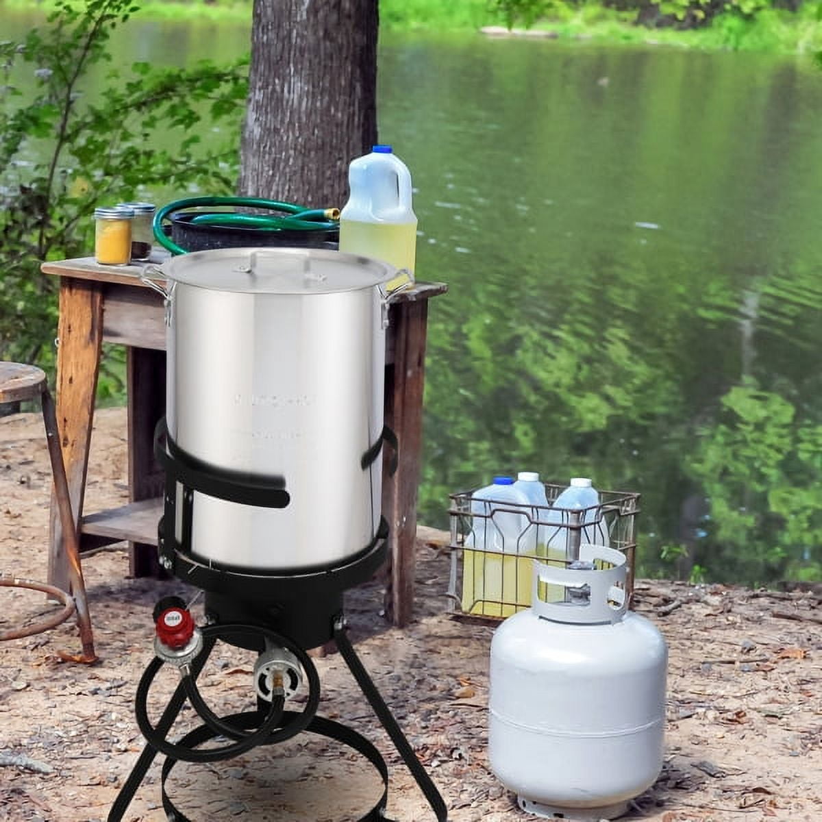 AMEEL Outdoor Gas Fryer Cooking Station with 30qt and 10qt Pots (Black, 13 in x 32 in) o1q1e