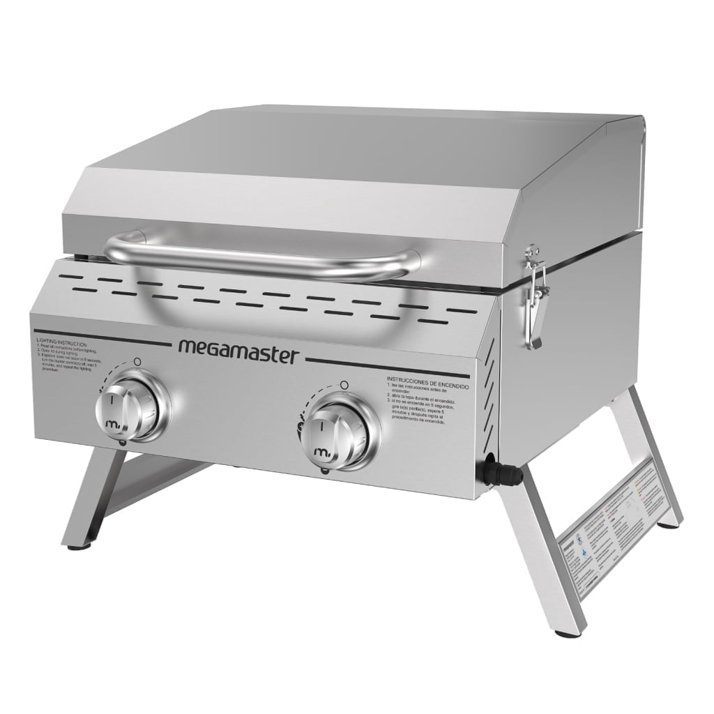 Megamaster 2-Burner Stainless Steel Portable Gas Grill, Tabletop Propane Grill for Camping and Outdoor Cooking (Silver, 199 sq in) 3shmc