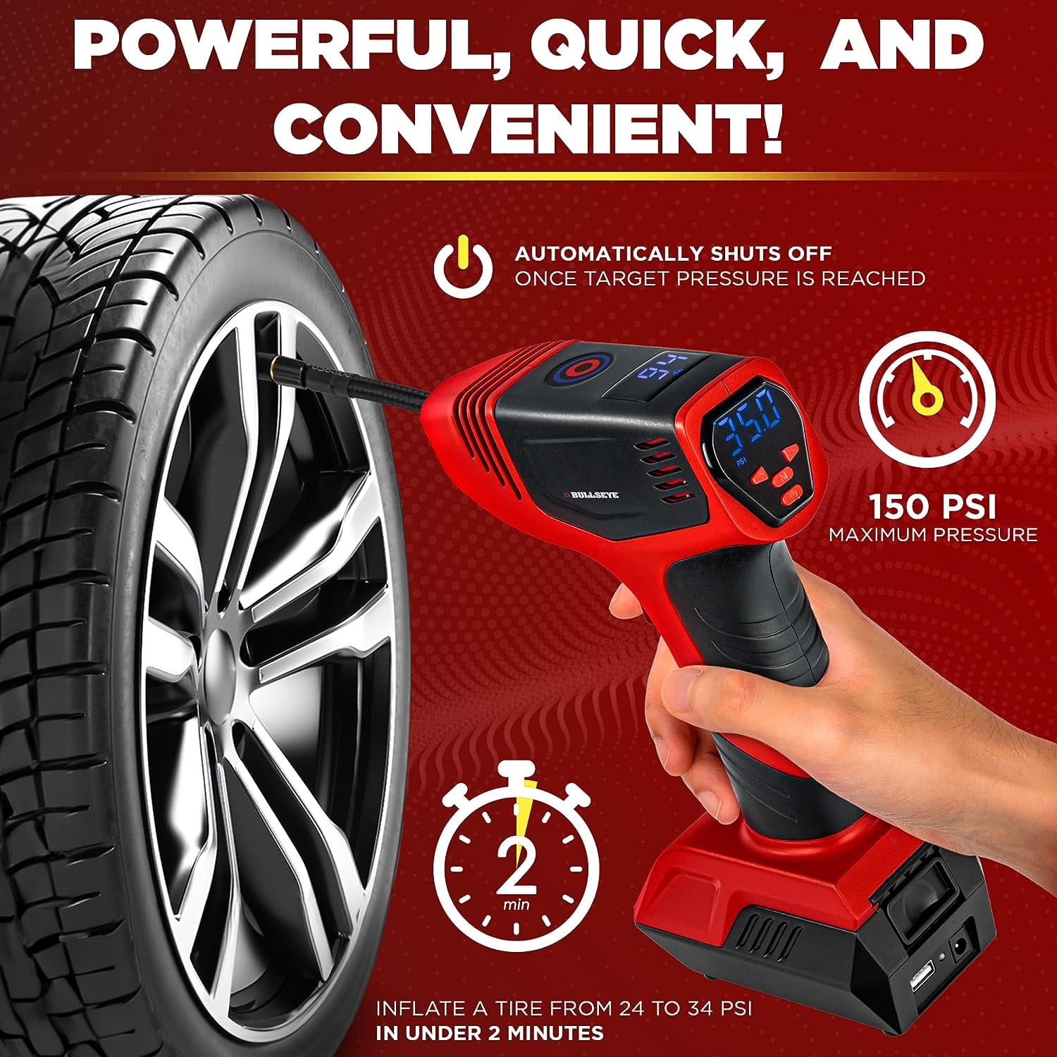 Bullseye Pro Portable Tire Inflator 150 PSI Electric Air Compressor (Red, 18 in Hose) c0k35