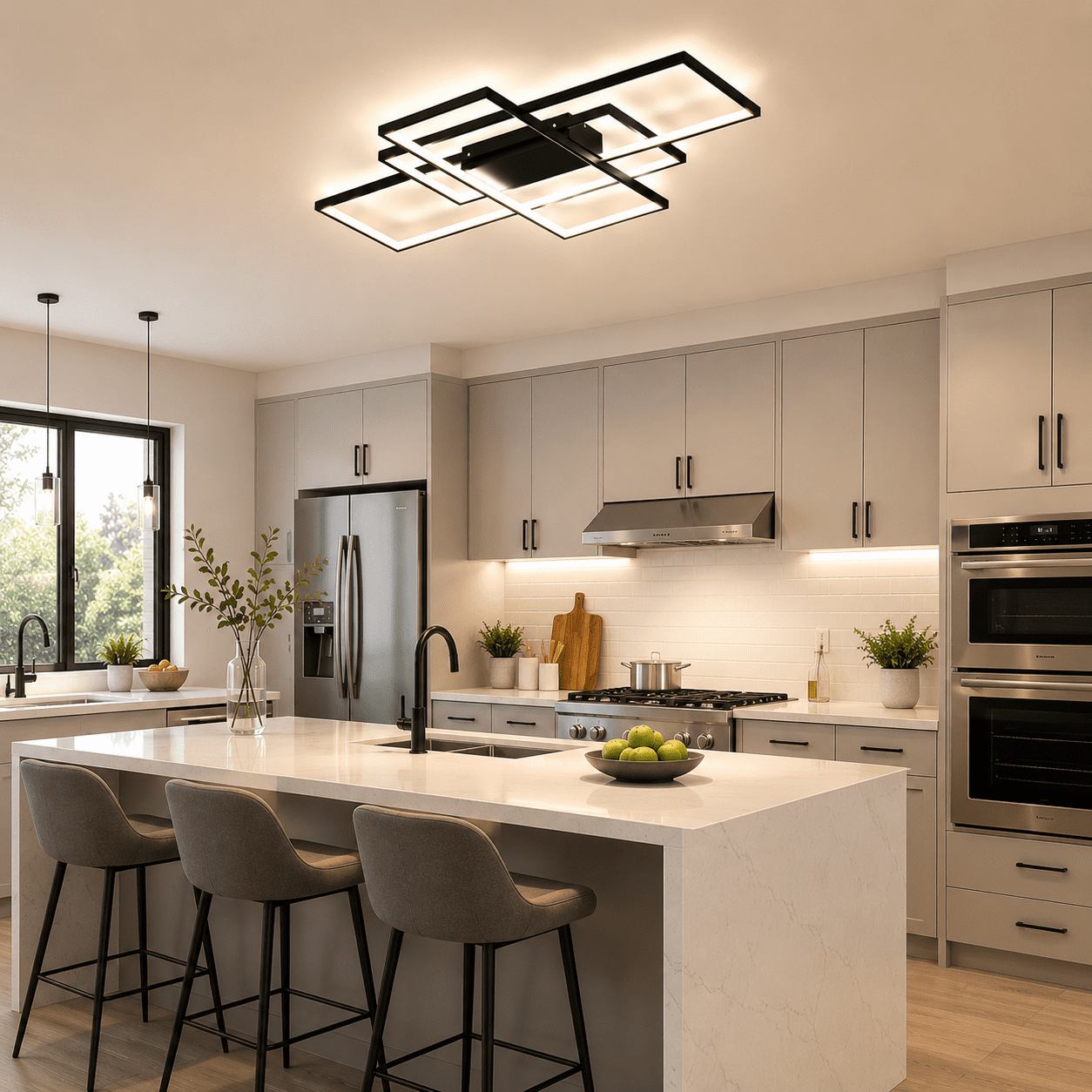 Garwarm 3-Square LED Ceiling Light, Modern Flush Mount Fixture with Remote Control (Black, 35.4 in) 58gf2