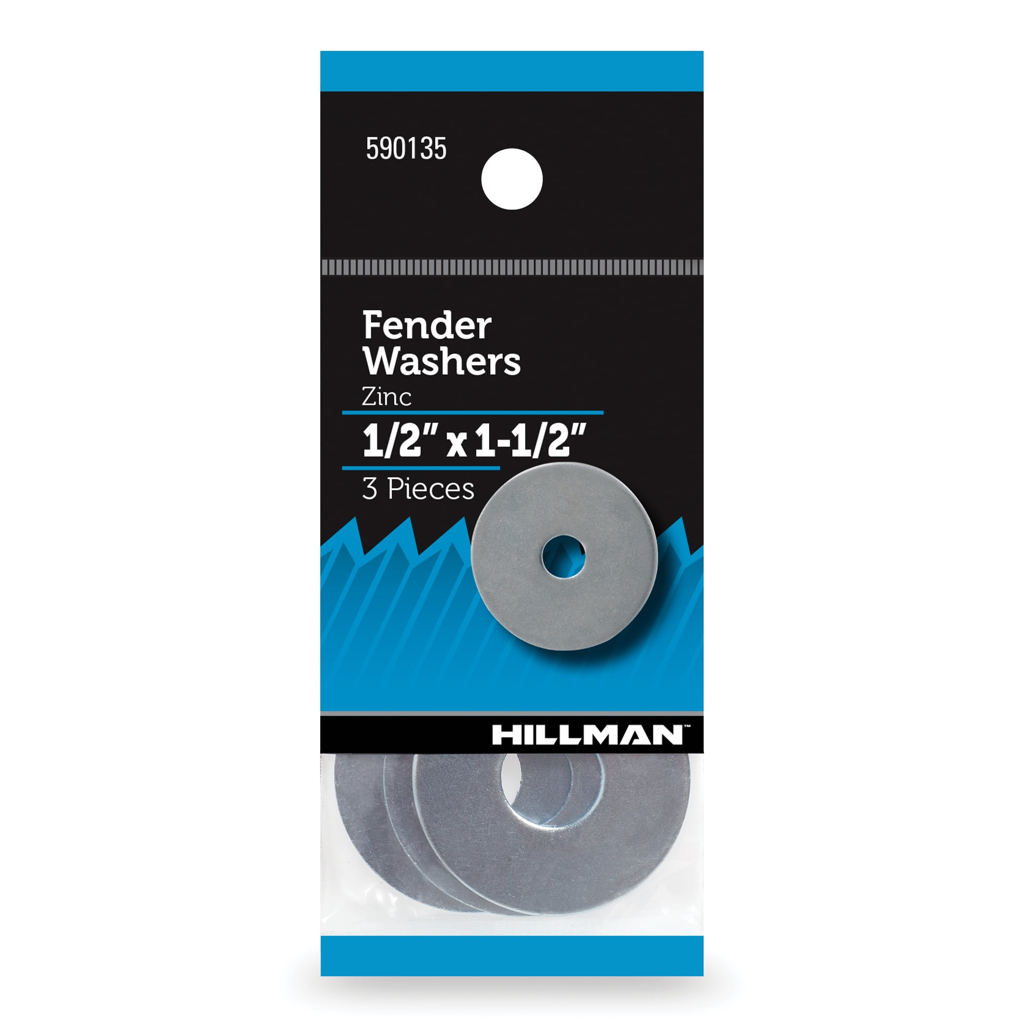 Hillman Fender Washers, Steel Zinc Plated, Heavy-Duty Fastener Hardware (Silver, 1/2 in x 1-1/2 in, 3 Pack) avpz5