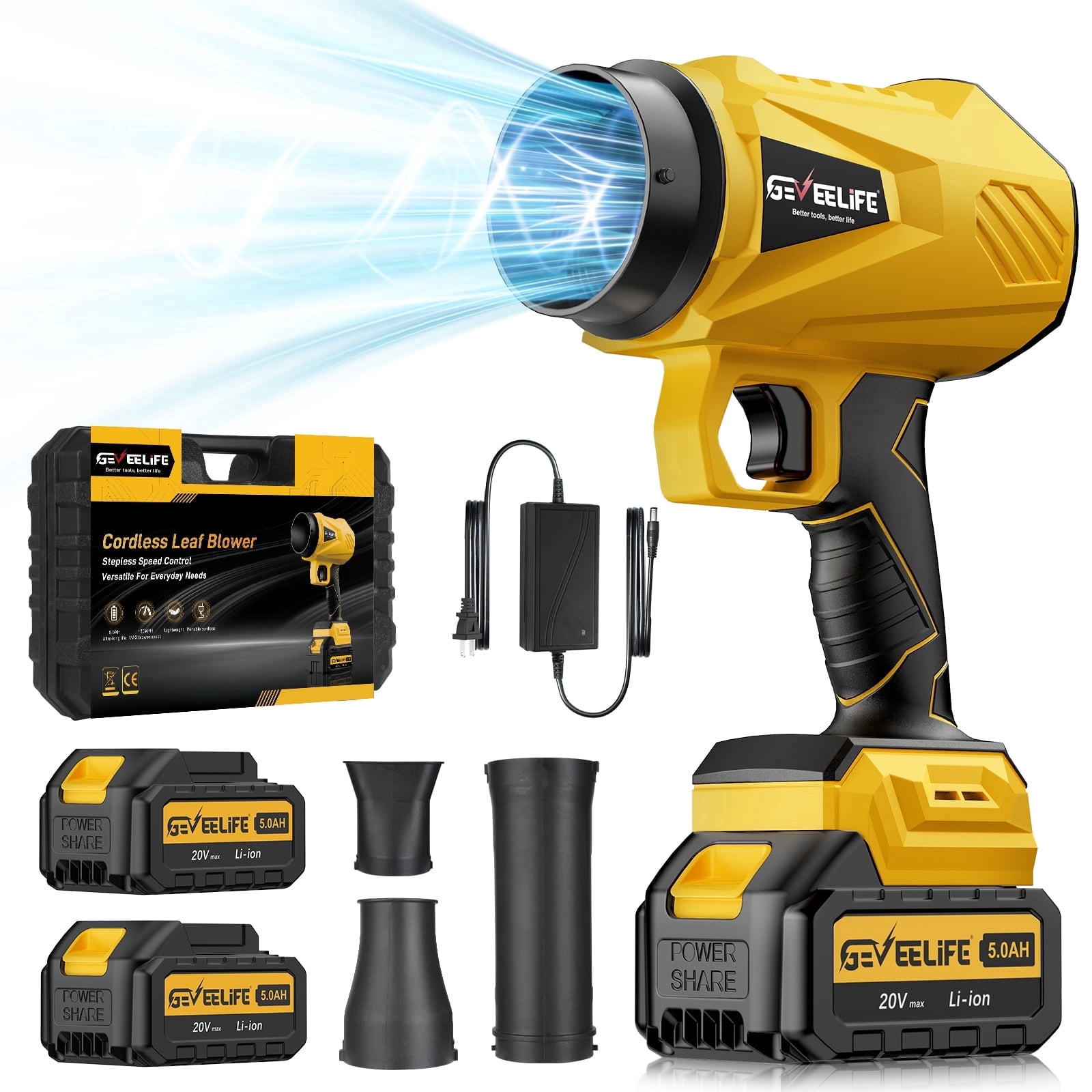 GEVEELIFE Cordless Turbo Jet Leaf Blower, High-Velocity Handheld Air Blower with 2 Batteries and Charger (Yellow, 5.0Ah) aue9c