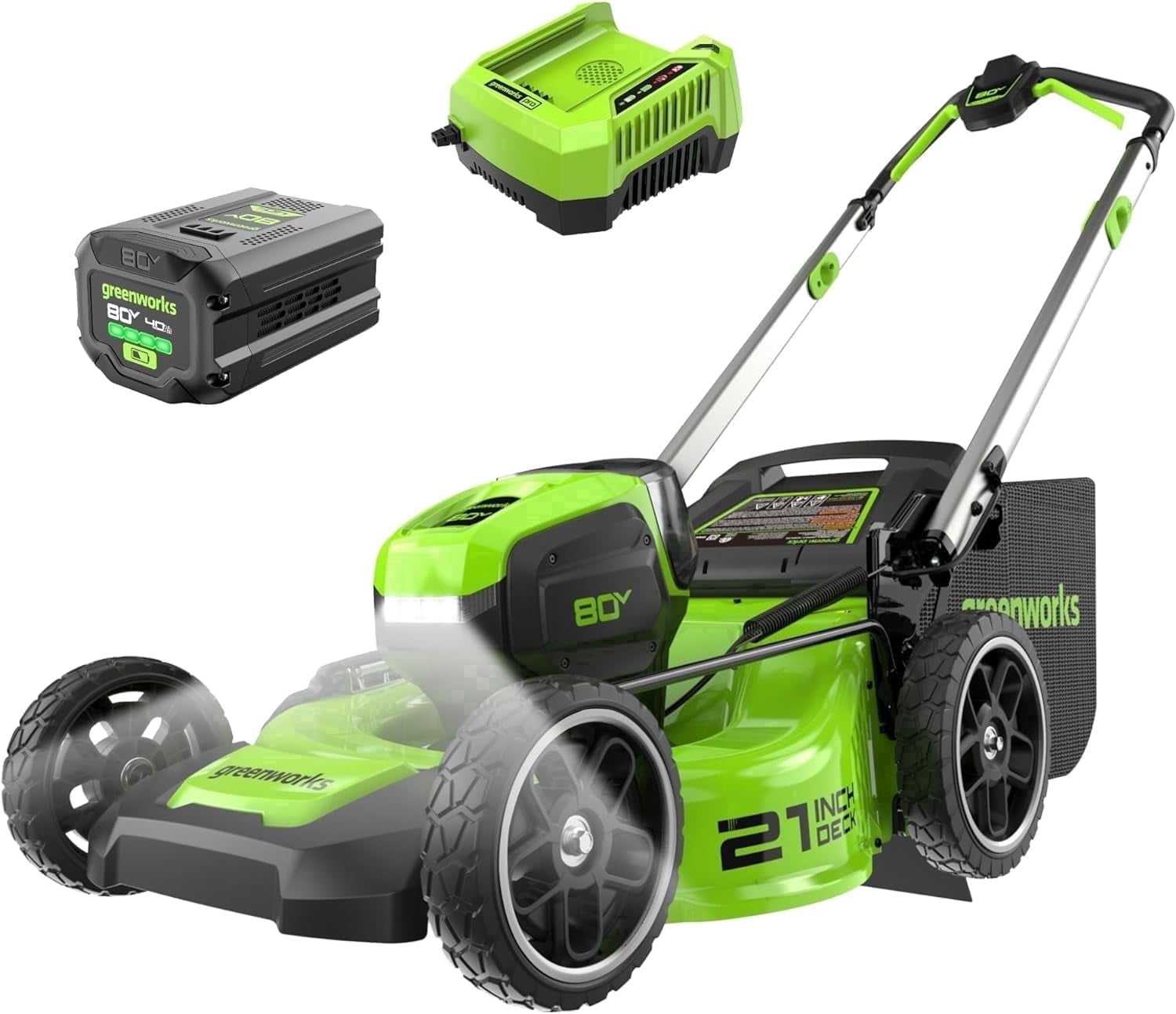 Greenworks 80V 21 in Brushless Cordless Push Lawn Mower (LED Headlight, Aluminum Handles, 4.0Ah Battery and Charger Included) gi7bb