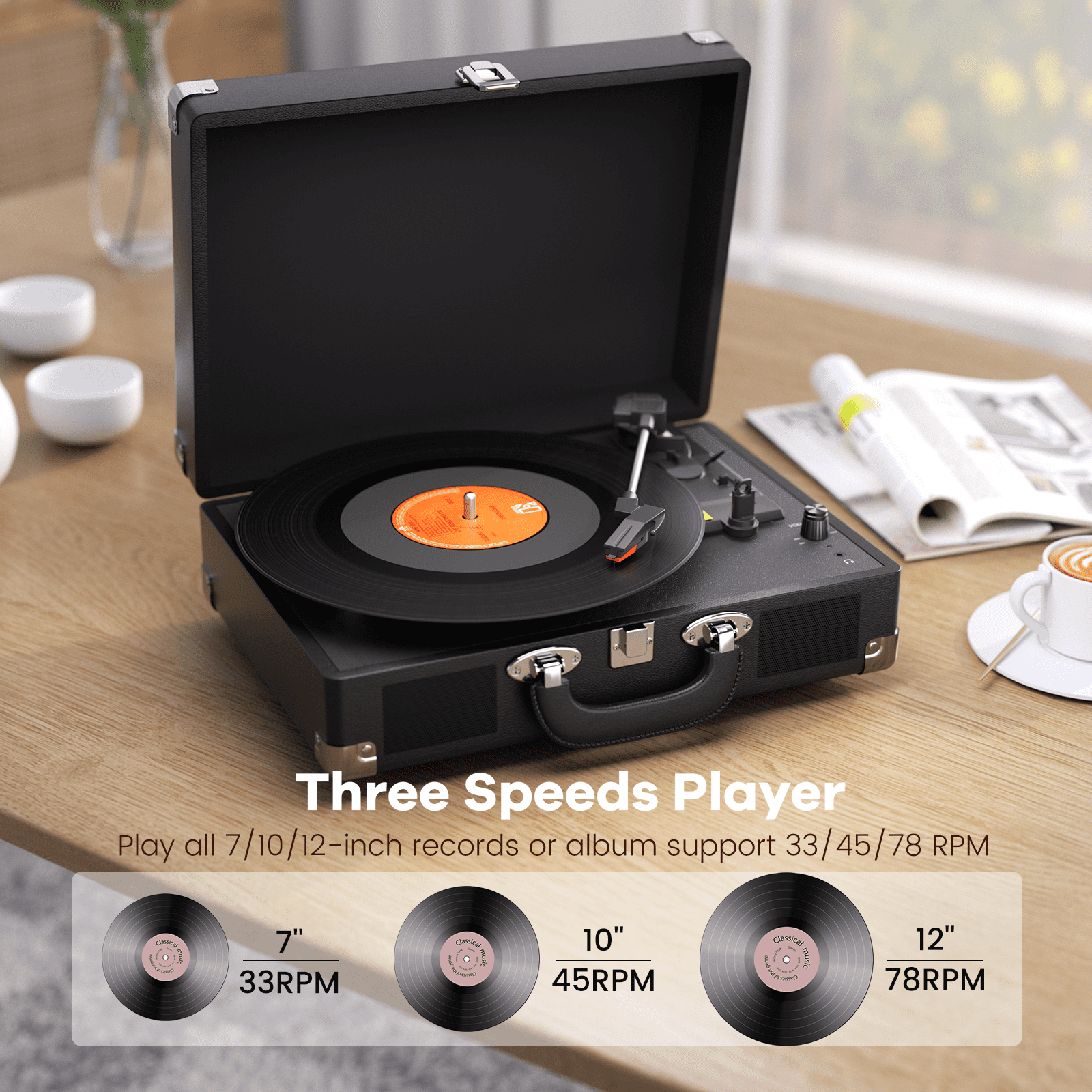 MAIO C200 Vintage Vinyl Record Player, 3-Speed Belt-Driven Turntable with Built-in Stereo Speakers (Black) gxvwc