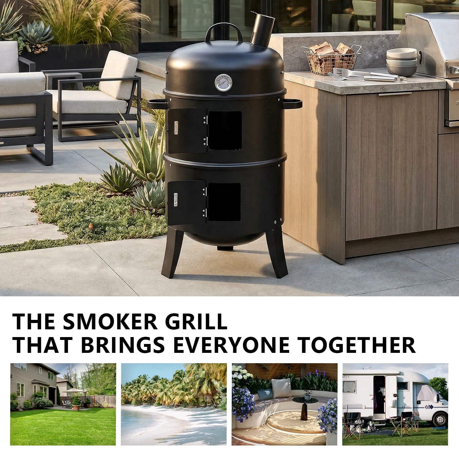 FUNA Vertical BBQ Smoker, Heavy-Duty Powder-Coated Iron Outdoor Grill with Chimney (Black, 16.9 x 20.5 x 33.5 in) o8s6i