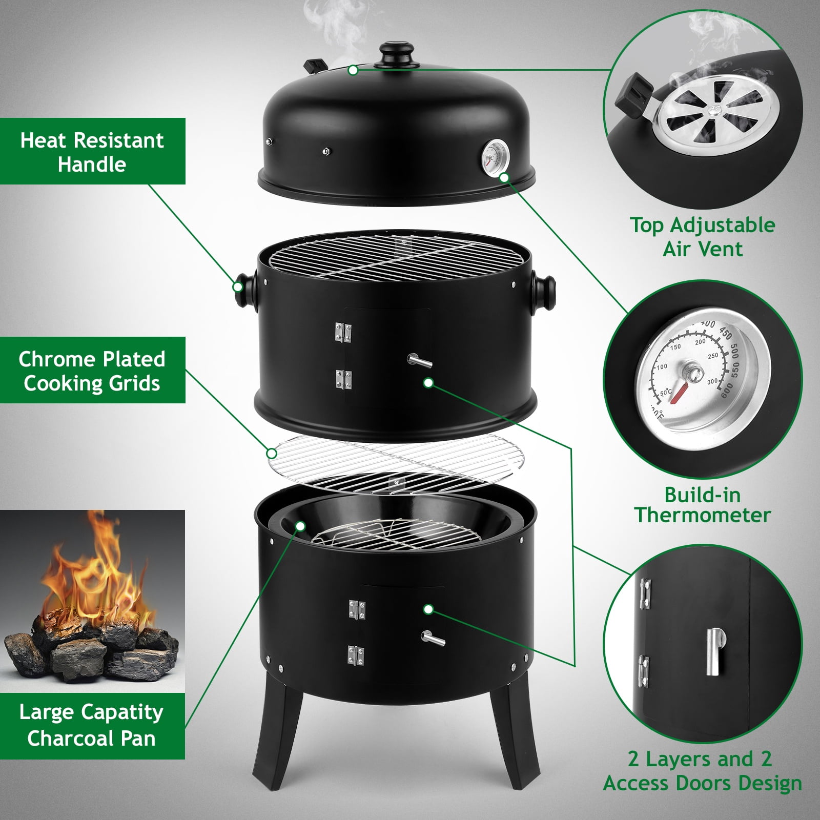 Seizeen 16 in 3-in-1 Charcoal Smoker and Grill, Portable Outdoor BBQ Fire Pit with Double-layer Design (Black, 16 in) ad42i