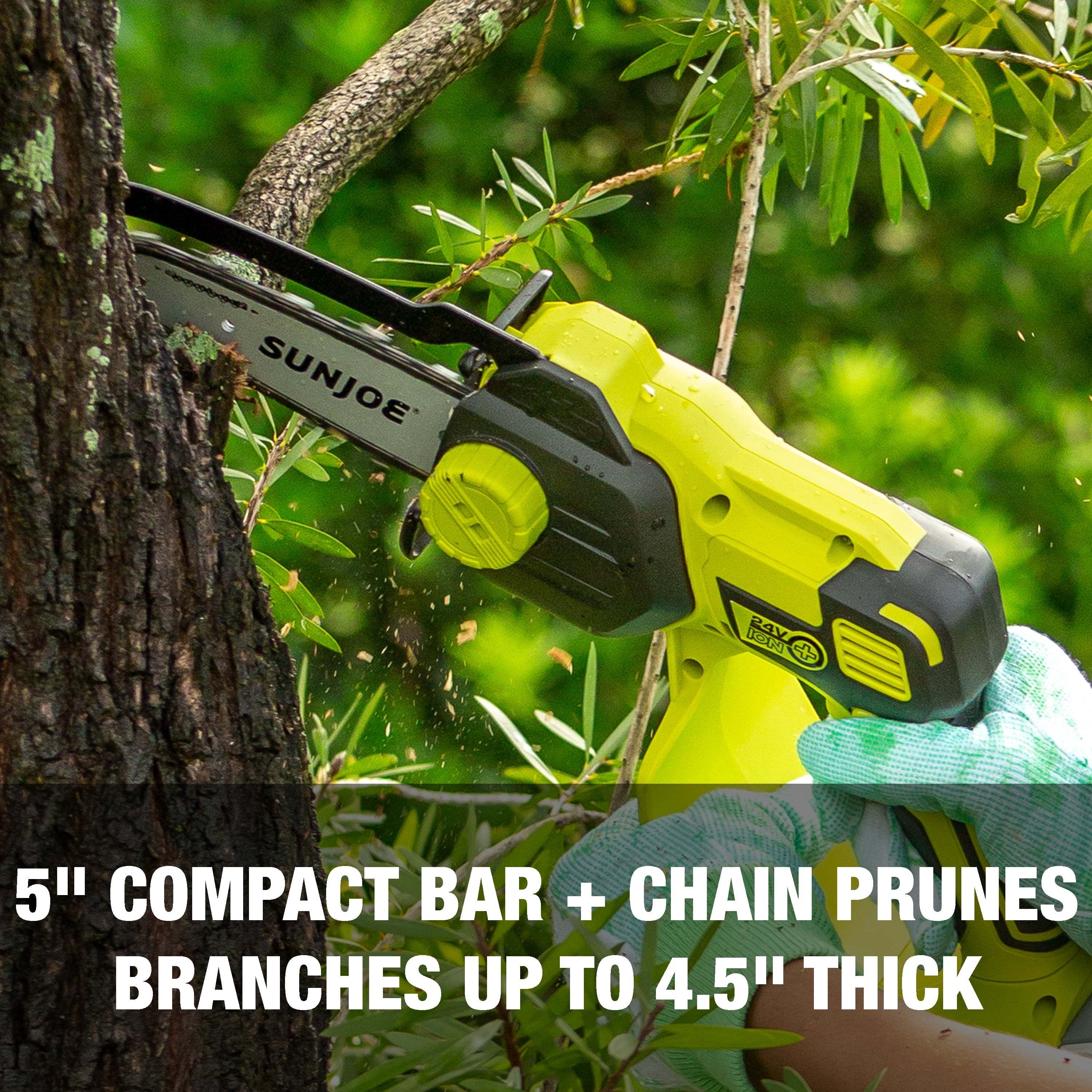 Sun Joe 24V Cordless 5-inch Handheld Pruning Chainsaw with 2.0-Ah Battery and Charger (Green, 5.5 lb) 0iult