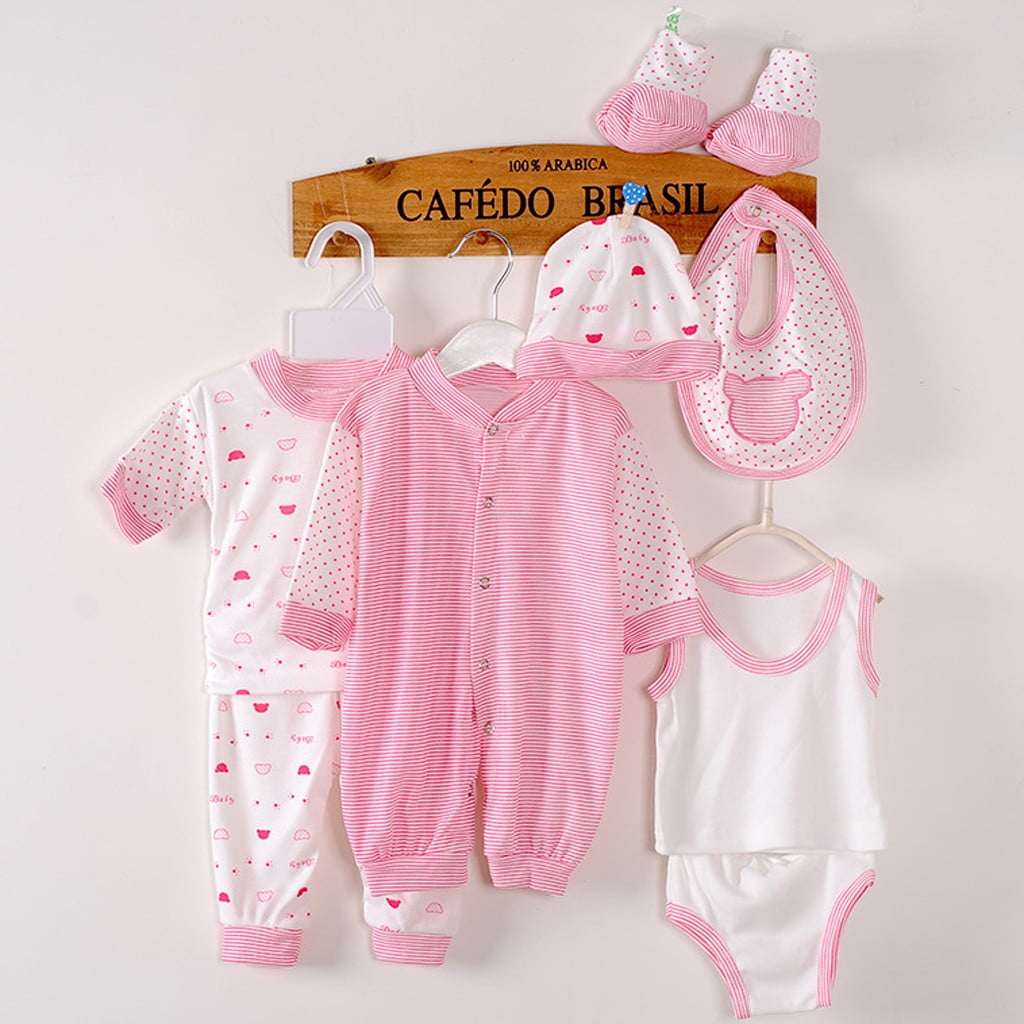 Odeerbi Newborn Baby Layette Set 8-Piece Cotton Outfit with Romper and Accessories (Pink, 0-3 Months) 71kcr