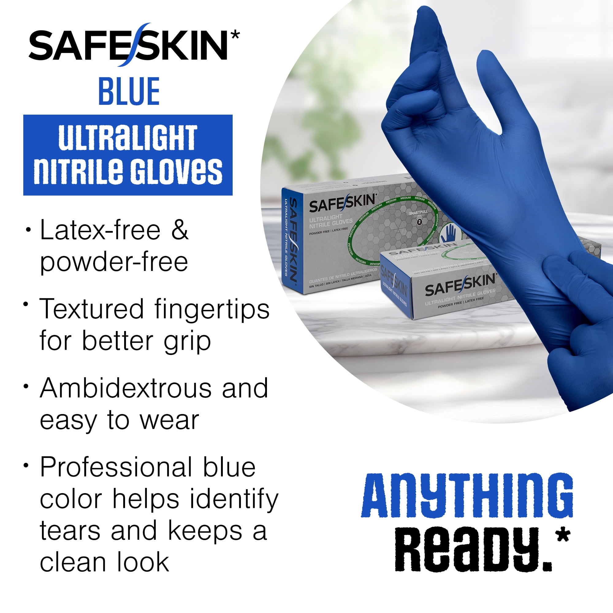 SAFESKIN Ultralight Disposable Nitrile Gloves (Blue, Medium, 100 Count) 0a91y