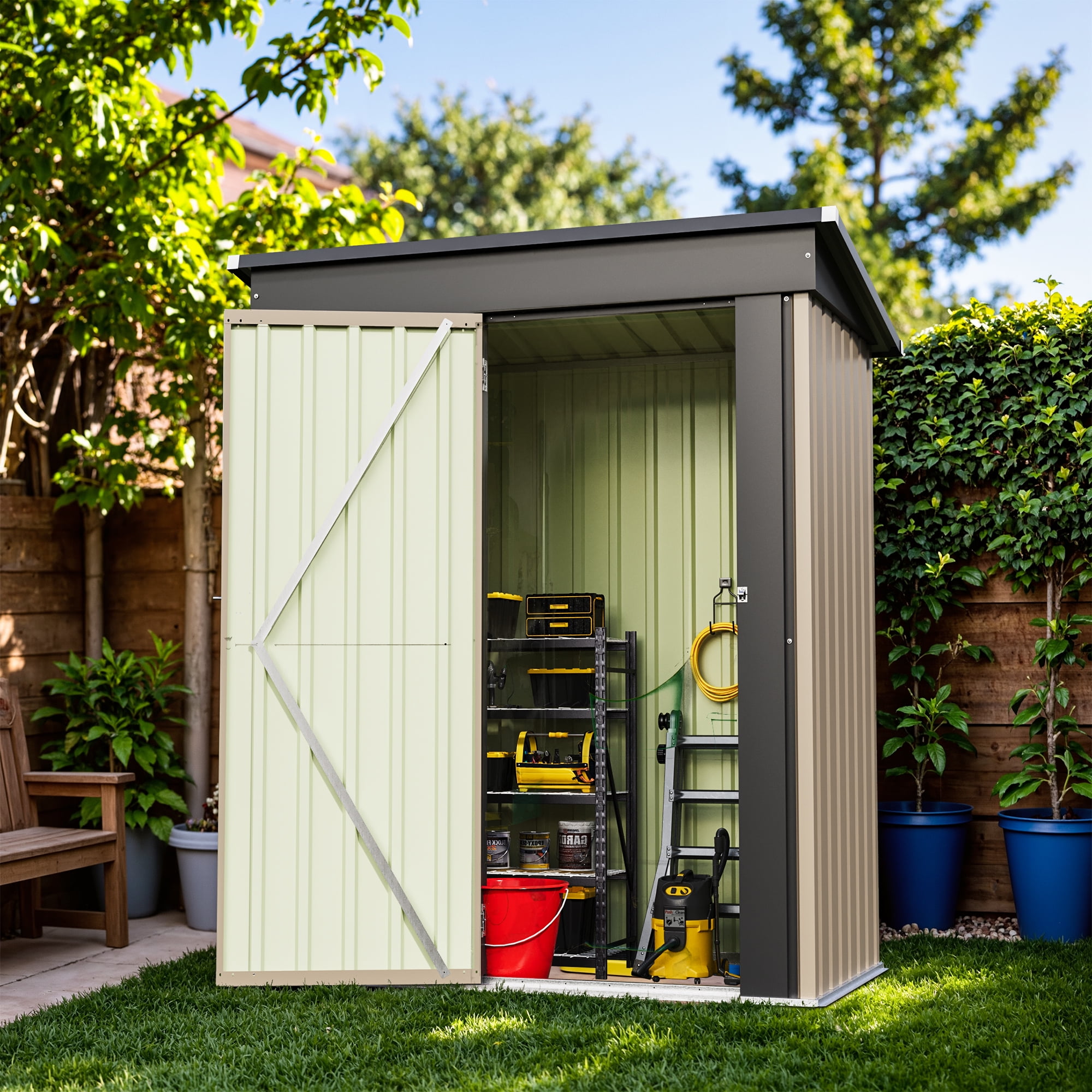 Homall Outdoor Storage Shed, Galvanized Steel Garden Tool Organizer with Lockable Doors (Brown, 5 ft x 3 ft) lu918