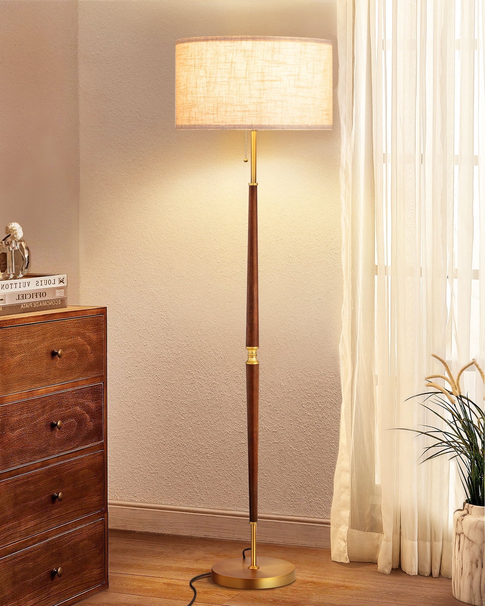 EDISHINE Vintage Floor Lamp for Living Room, Mid-Century Modern Standing Light with Chain Switch (Gold, 62 in) 4fxcu