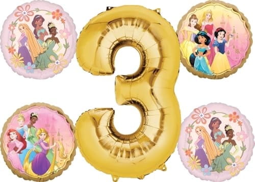 Anagram Princess 3rd Birthday Party Balloon Bouquet Set (Gold, 5pc) gp3rw