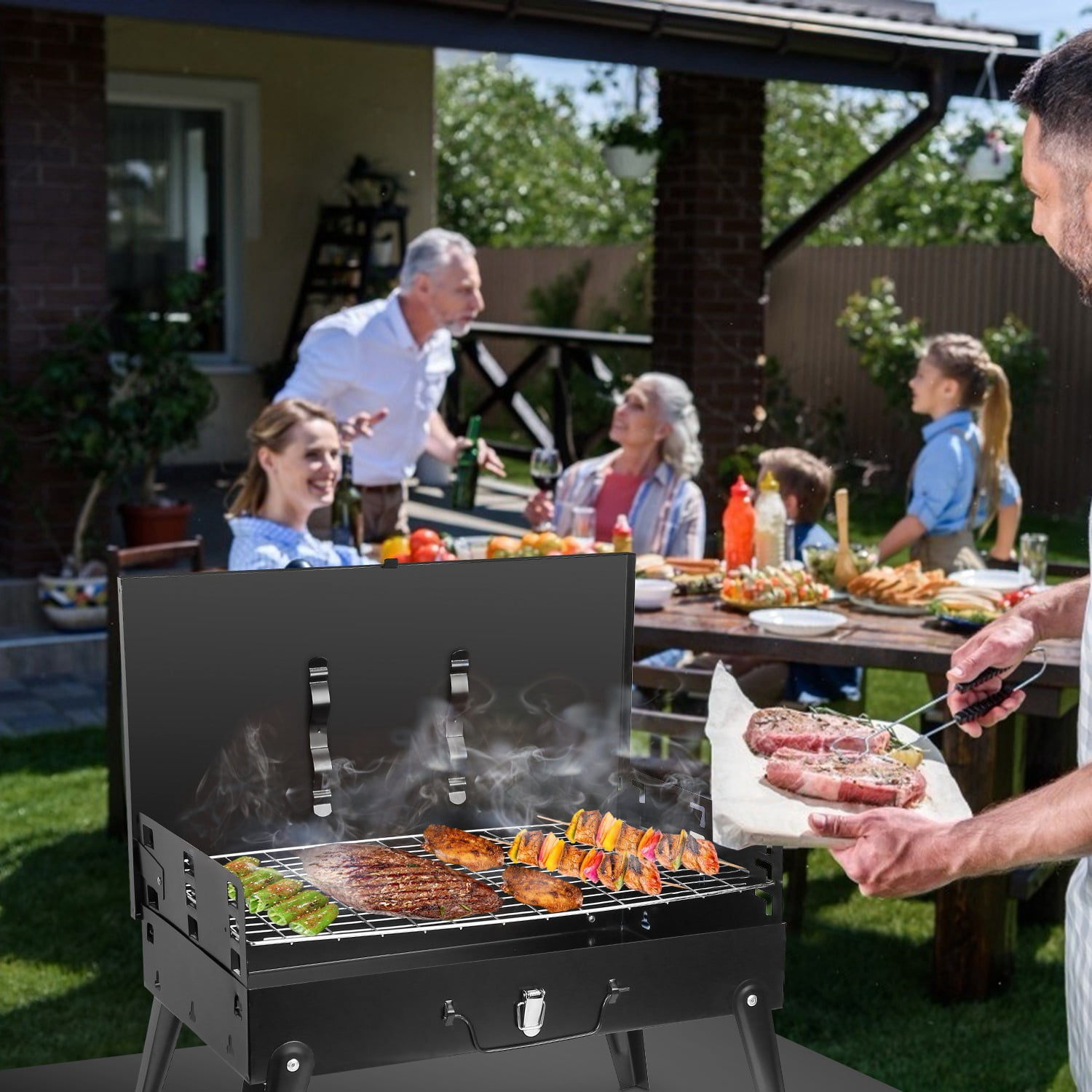 TeqHome Portable Charcoal Grill Foldable Tabletop BBQ for Camping Picnic (Black, 16.7x10x17.7 in) 2c8un
