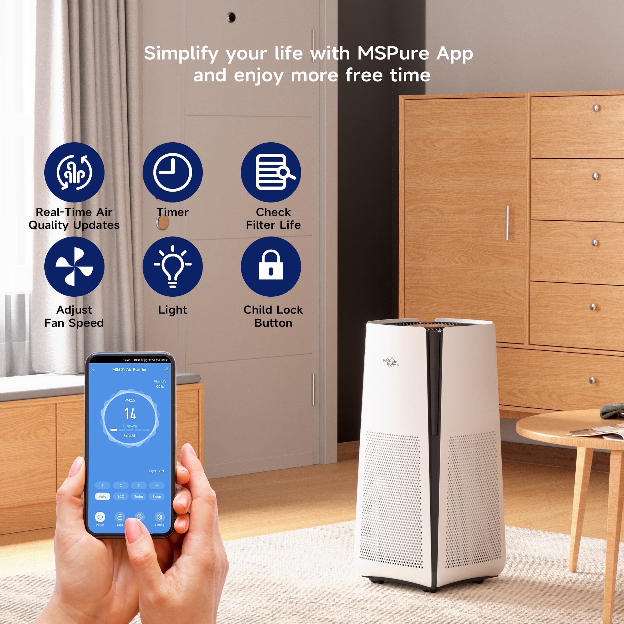Membrane Solutions MS601W Smart Air Purifier with True HEPA Filter for Large Rooms (White, 3027 sq ft) z7jdu
