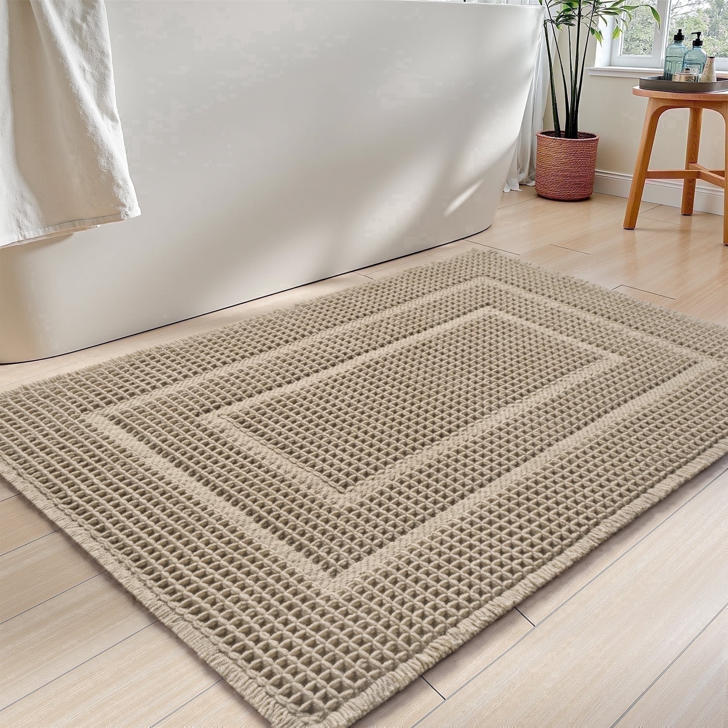 SIXHOME Waffle Bath Mat, Soft Absorbent Non-Slip Bathroom Rug with Rubber Backing, Boho Tassel Style (Brown, 18 in x 30 in) vpumd