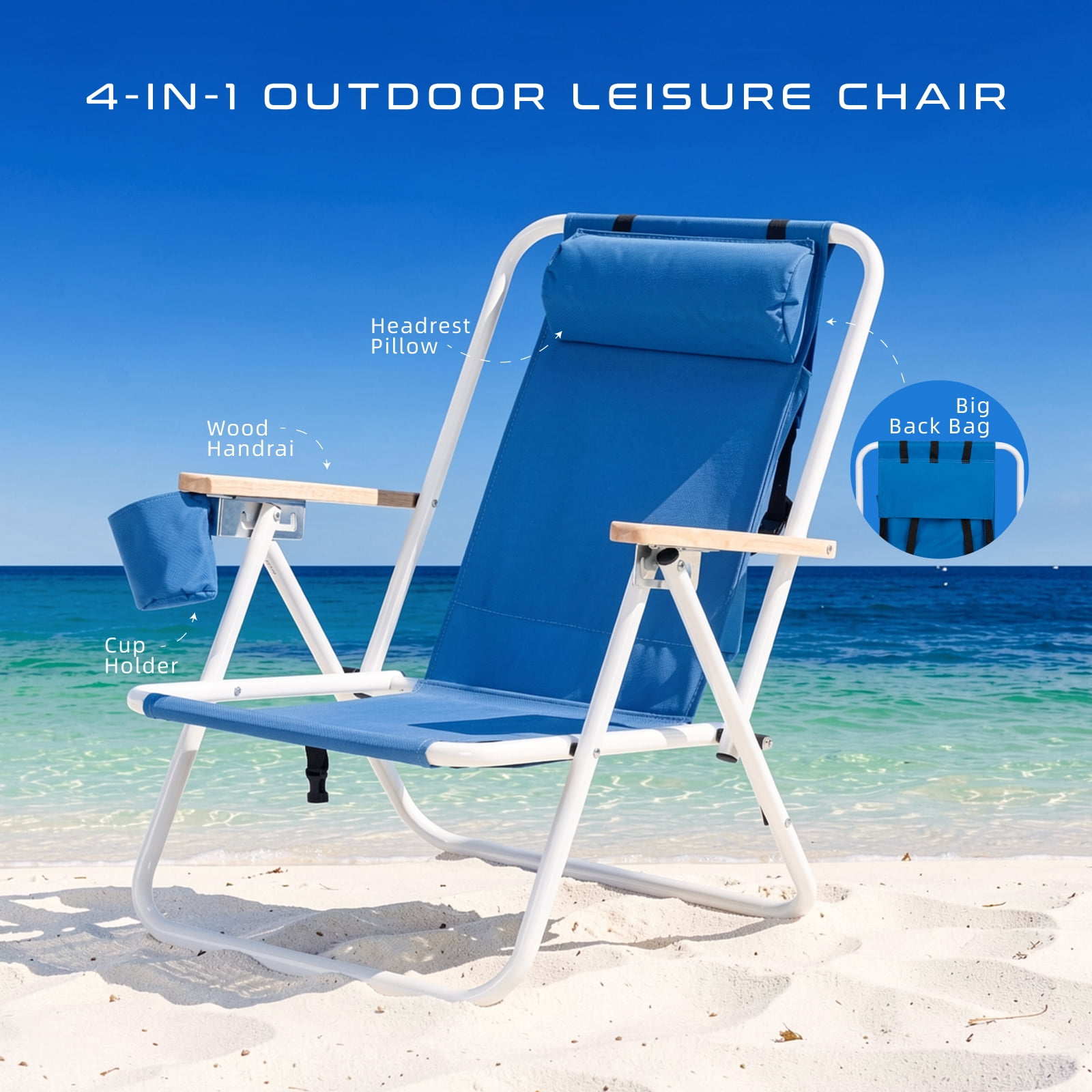 Vebreda Folding Beach Chair with Adjustable Umbrella, Heavy Duty Camping Seat (Blue, 32.3 in x 23 in x 27.6 in) w03in