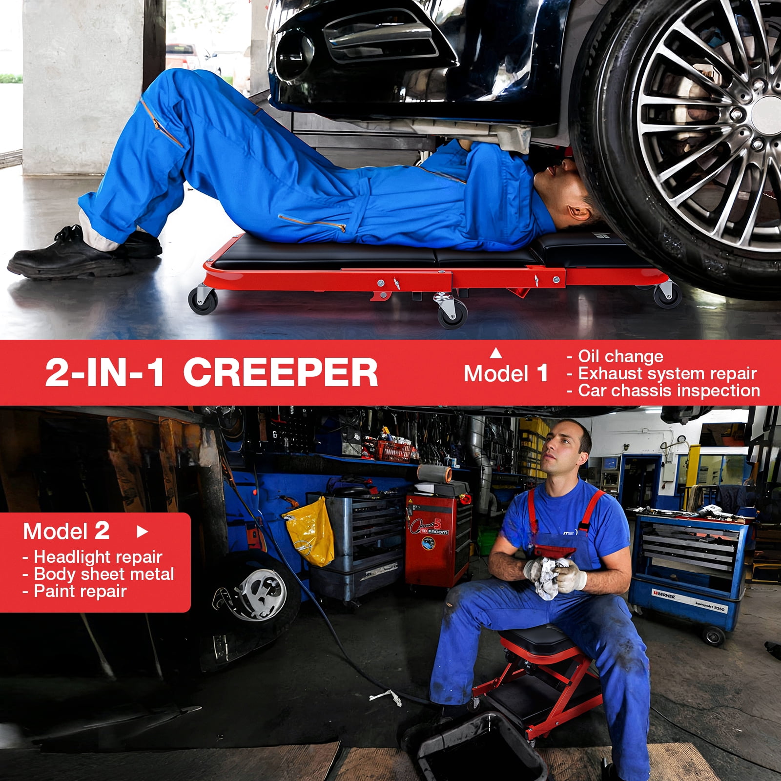 WheelX 2-in-1 Mechanic Creeper and Rolling Seat, Heavy-Duty Shop Stool with 6 Swivel Casters (Red, 40 in) 7ryqy
