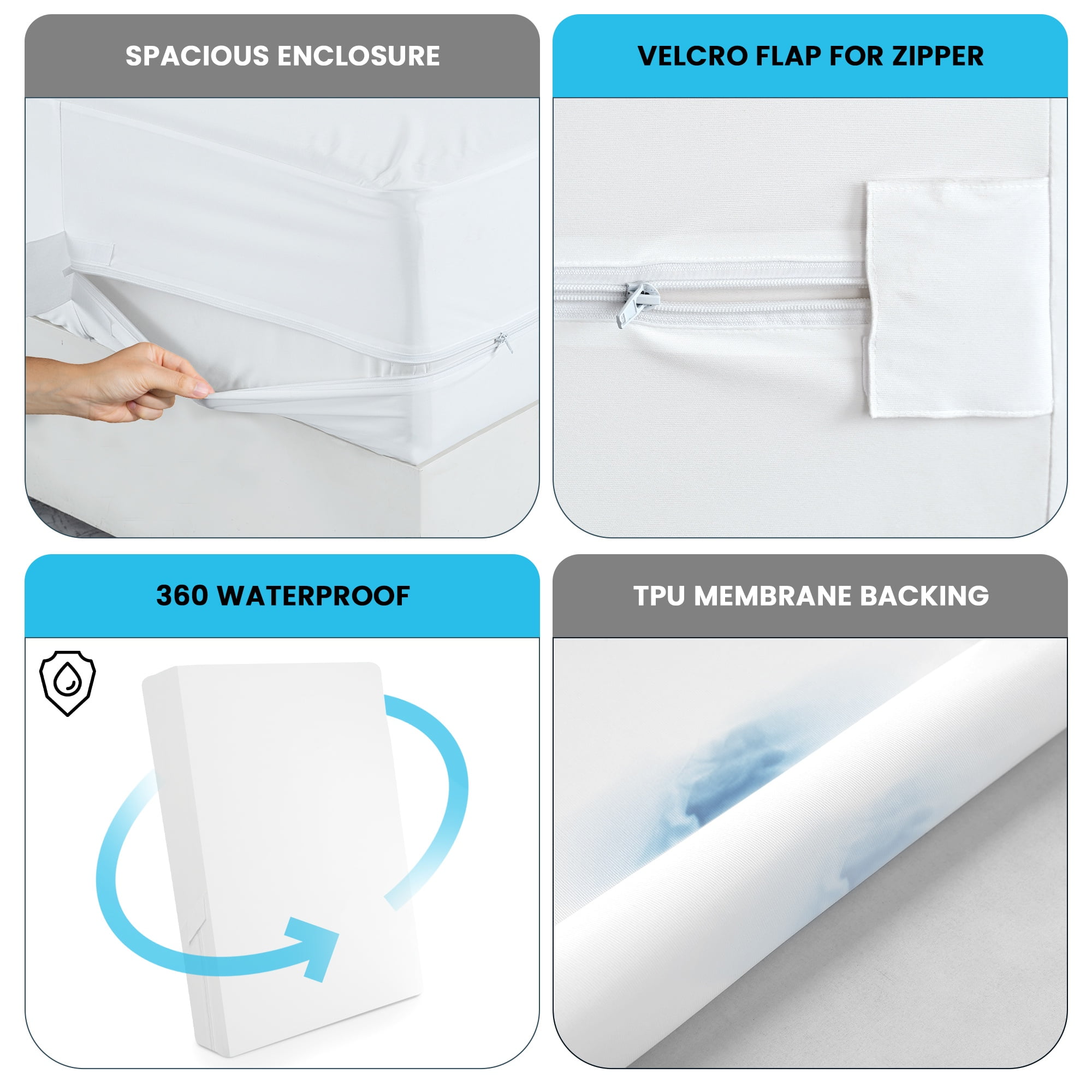 Lux Decor Collection Waterproof Mattress Encasement, Six-Sided Bed Bug Protection, Breathable Zippered Cover (White, Queen 60 in x 80 in x 14 in) xq2gs