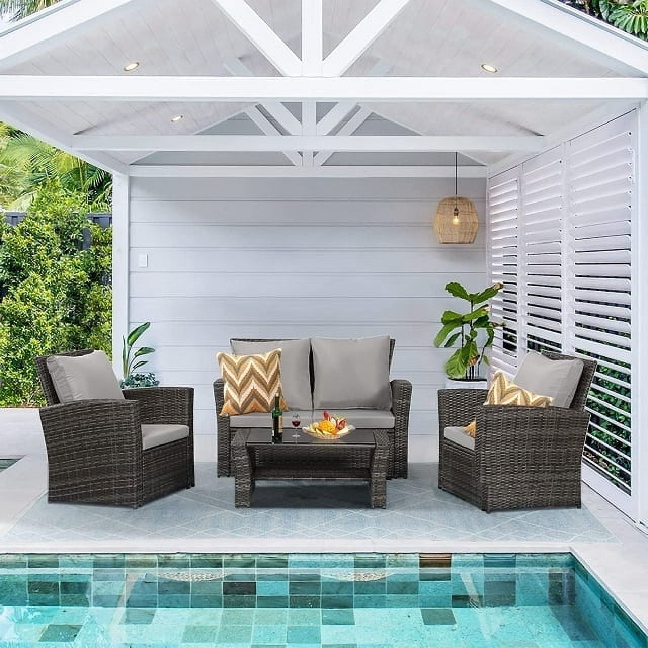 Heynemo 4-Piece Outdoor Patio Furniture Set, Wicker Sectional Sofa with Coffee Table (Gray, 4-Piece Set) sn4ow