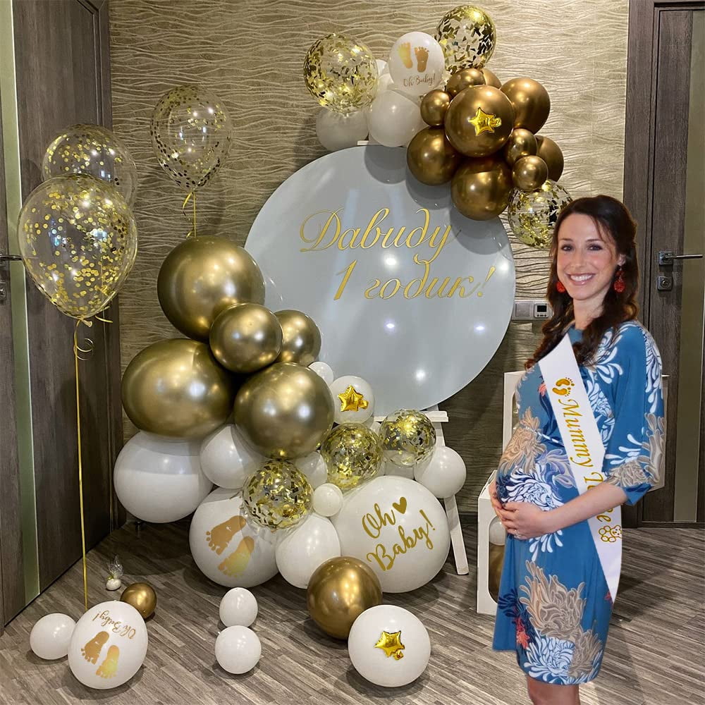 Yansion Baby Shower Decoration Set with White Gold Confetti Balloons Garland Arch and Mommy To Be Sash (56 Piece Set) gbtds