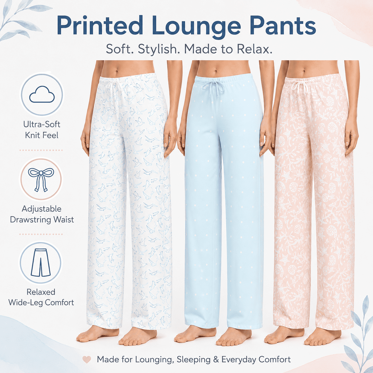 Daresay Women’s Lounge Pants 3-Pack, Soft Stretch Pajama Bottoms with Adjustable Drawstring Waist (Blue, S) l1i9e