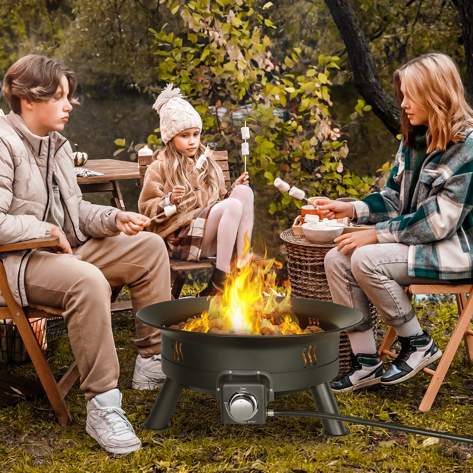 LAZY BUDDY Portable Propane Gas Fire Pit, Outdoor Smokeless Heating with Cover and Lava Rocks (24 in) wtqay