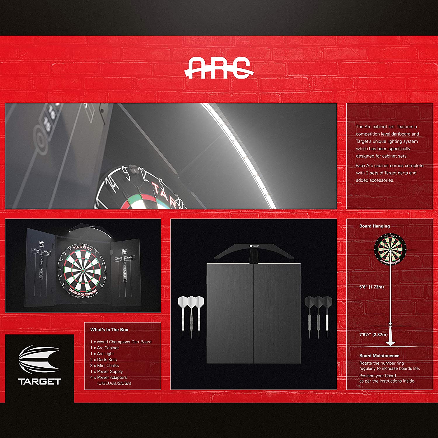 Target Darts Arc Dartboard Cabinet Set with LED Lighting System (Black, 22.8 in x 4.3 in) thzyd