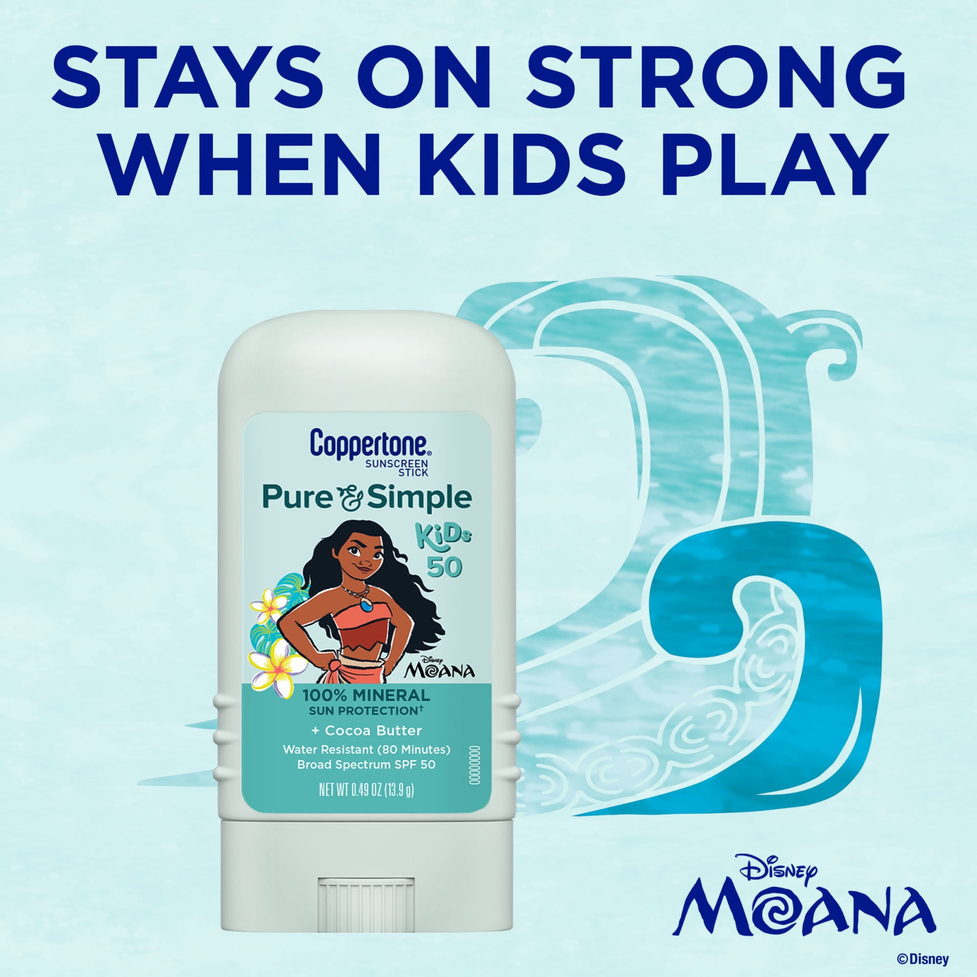 Coppertone Pure and Simple Kids Mineral Sunscreen Stick SPF 50, Disney Moana Edition (0.49 oz) tpvq0