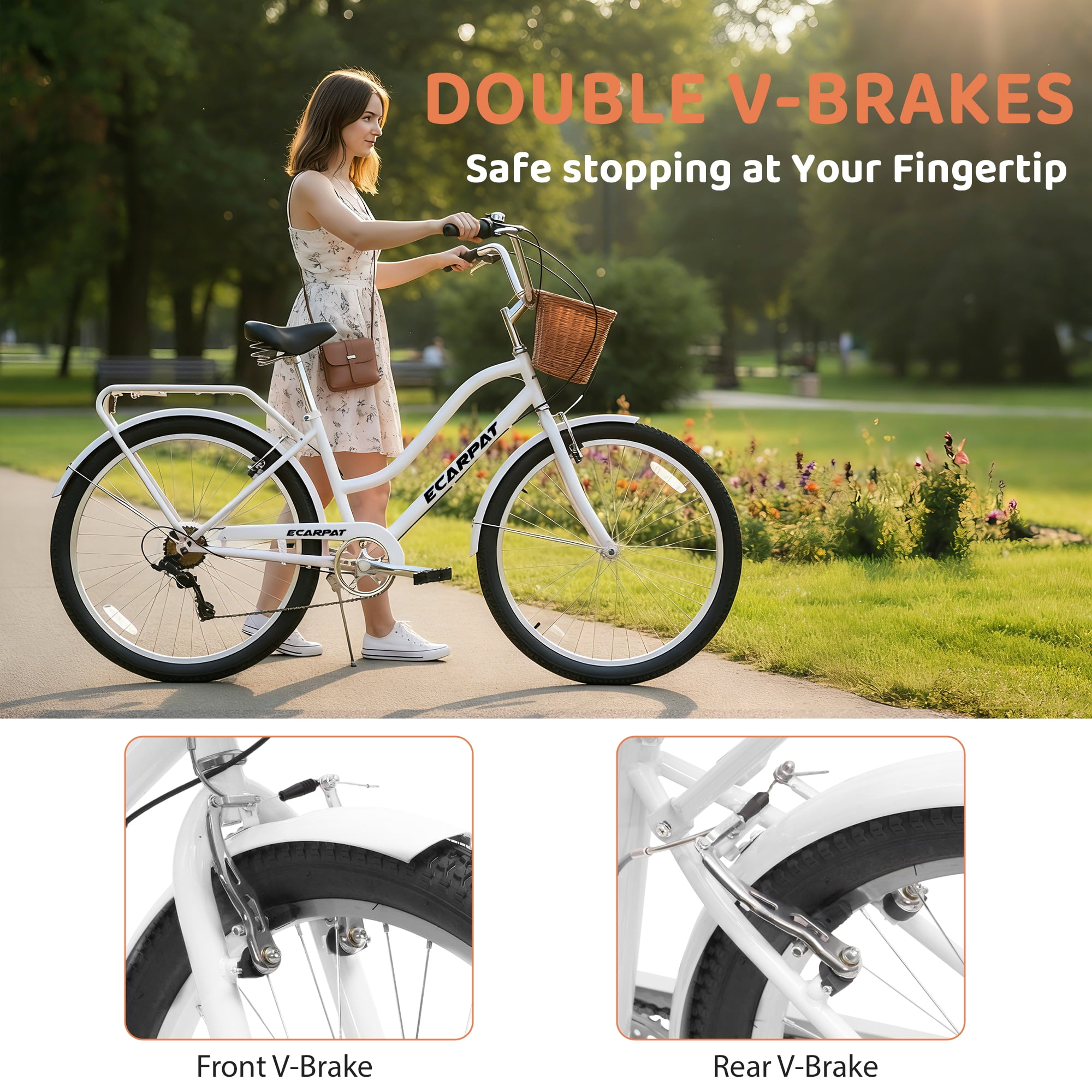 Ecarpat 26 Inch Beach Cruiser Bike for Women, 7 Speed Commuter Bicycle with Dual V-Brakes, Rear Rack and Basket (White, 26 in) 1akff
