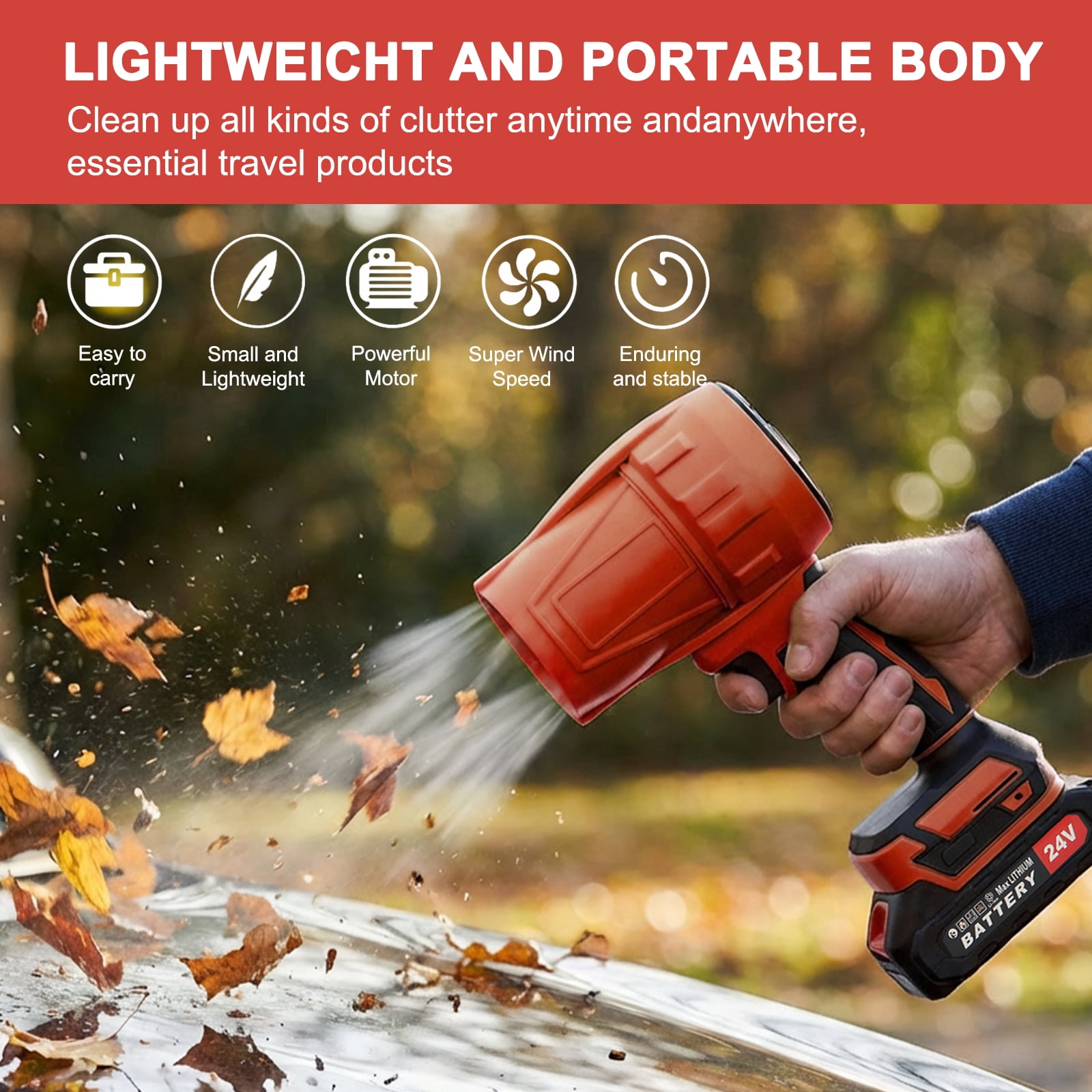 KingFurt Cordless Leaf Blower, High-Speed Turbine Power Sweeper for Lawn and Patio Maintenance (Red, 24V) egrn7
