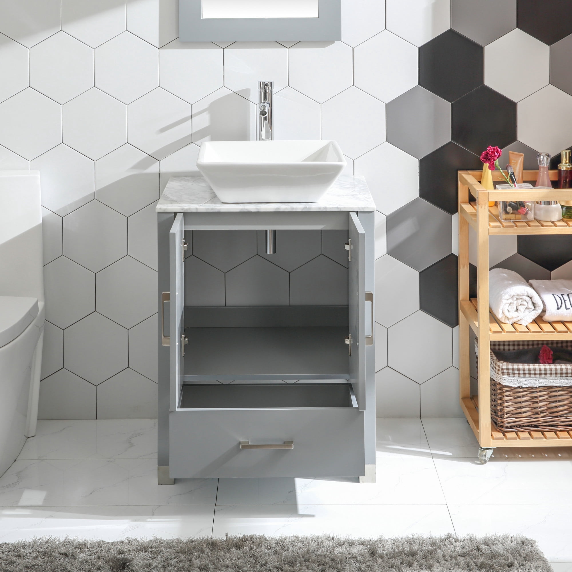 Goodyo 24 in Bathroom Vanity and Sink Combo with Marble Pattern Top, Mirror, and Faucet (Gray, 24 in) a4idm