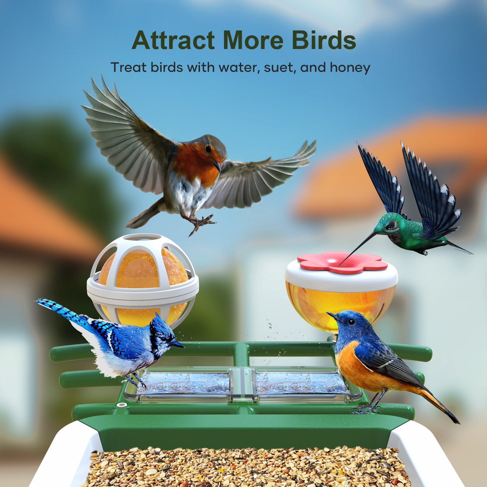 MADTASK Smart Bird Feeder with Camera, Solar Powered Outdoor Wireless WiFi Birdhouse with AI Recognition (Green, 1 Pack) nvml9