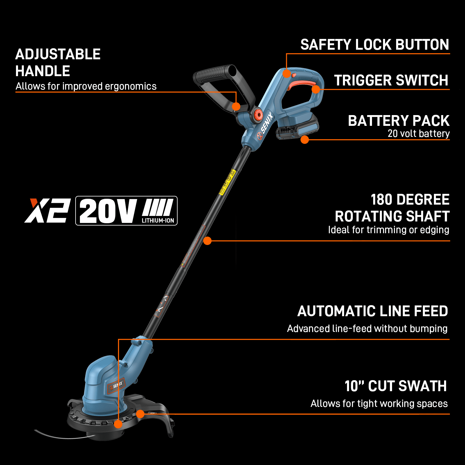 Senix 20V Cordless Grass Trimmer, 10 in Cutting Width, Rotating Split Shaft with Auto Line Feed (2.0Ah Battery and Charger Included) 26ulo