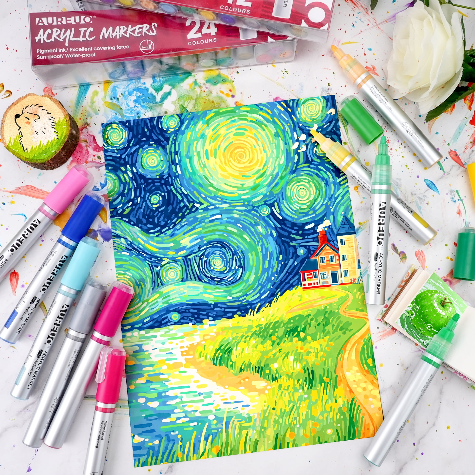 AUREUO Acrylic Paint Markers, Water-Based Paint Pens for Rock Painting and DIY Crafts (24 Colors, 2mm Medium Tip) 05k3h