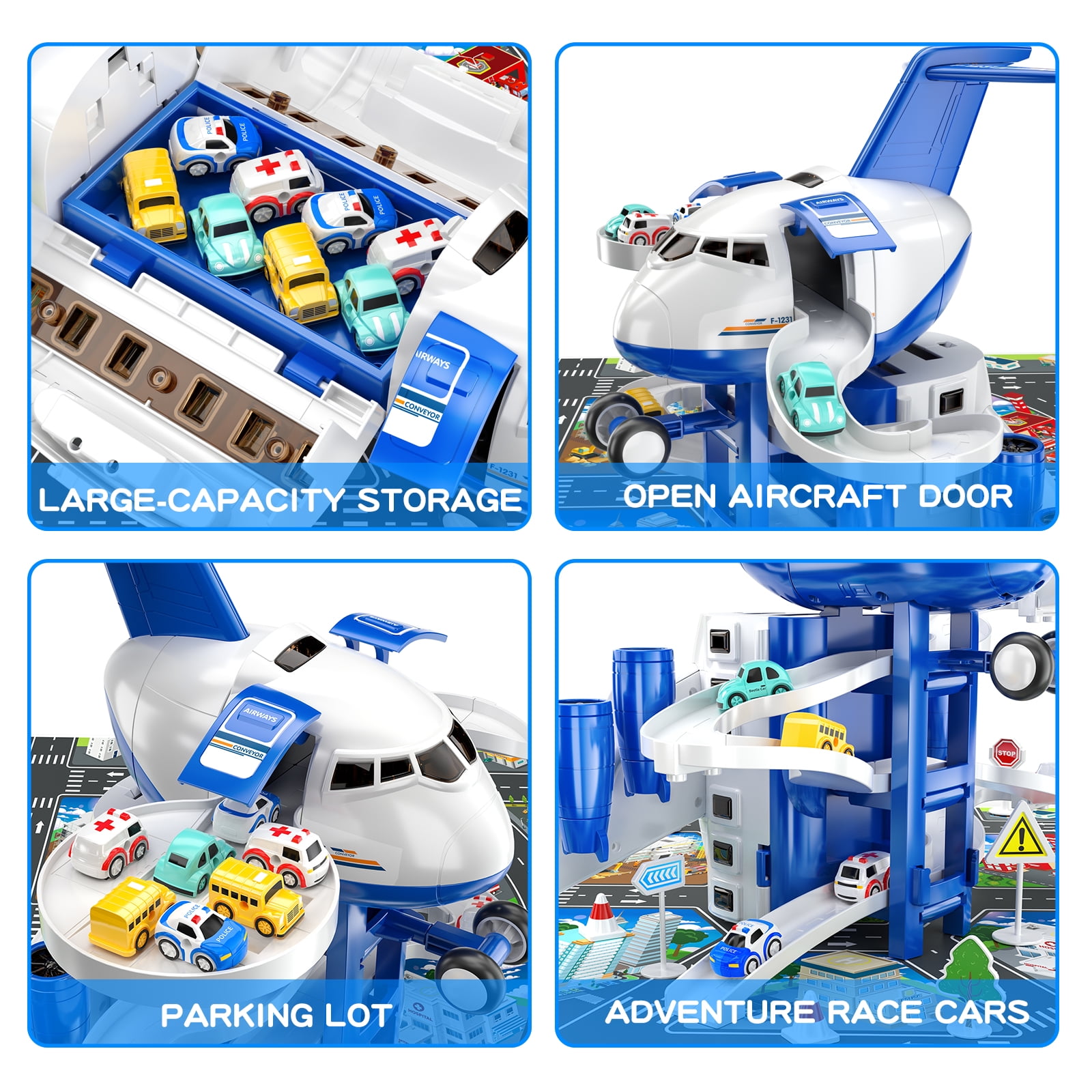 Lucky Doug Airplane Toy Set with Track and 8 Mini Cars (Blue, 1 Set) 3z9s0