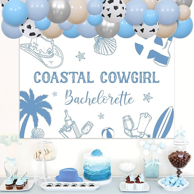 Coastal Cowgirl Bachelorette Party Decoration Set with Backdrop Sash and Balloon Garland Arch Kit (Blue, 65-Piece Set) wpplo