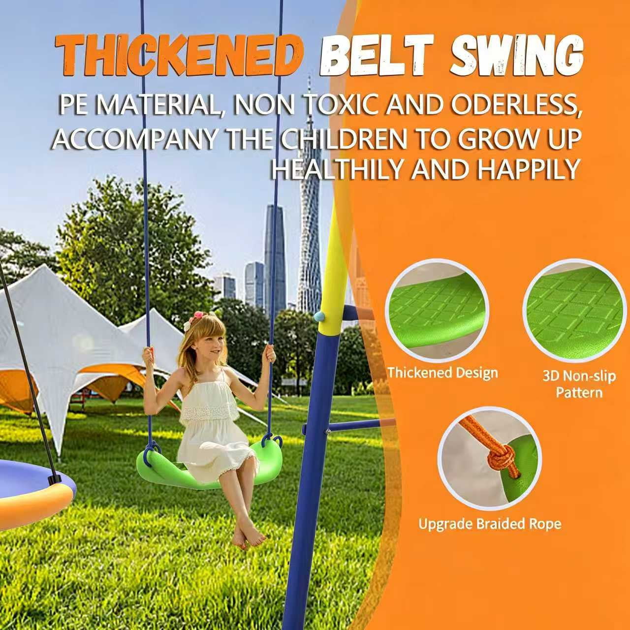 Shengchao Trade Metal Kids Swing Set, Heavy-Duty Outdoor A-Frame Playground with 2 Swings, Saucer Swing, and Sports Hoop (Blue, 75 in H x 67.7 in L x 136 in W) 4jmwx