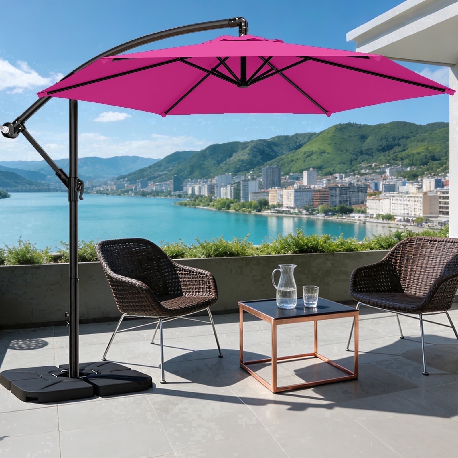 Easthome 10ft Offset Hanging Patio Umbrella with Tilt Adjustment and Wind Vent (Pink, 10 ft) x3qt1