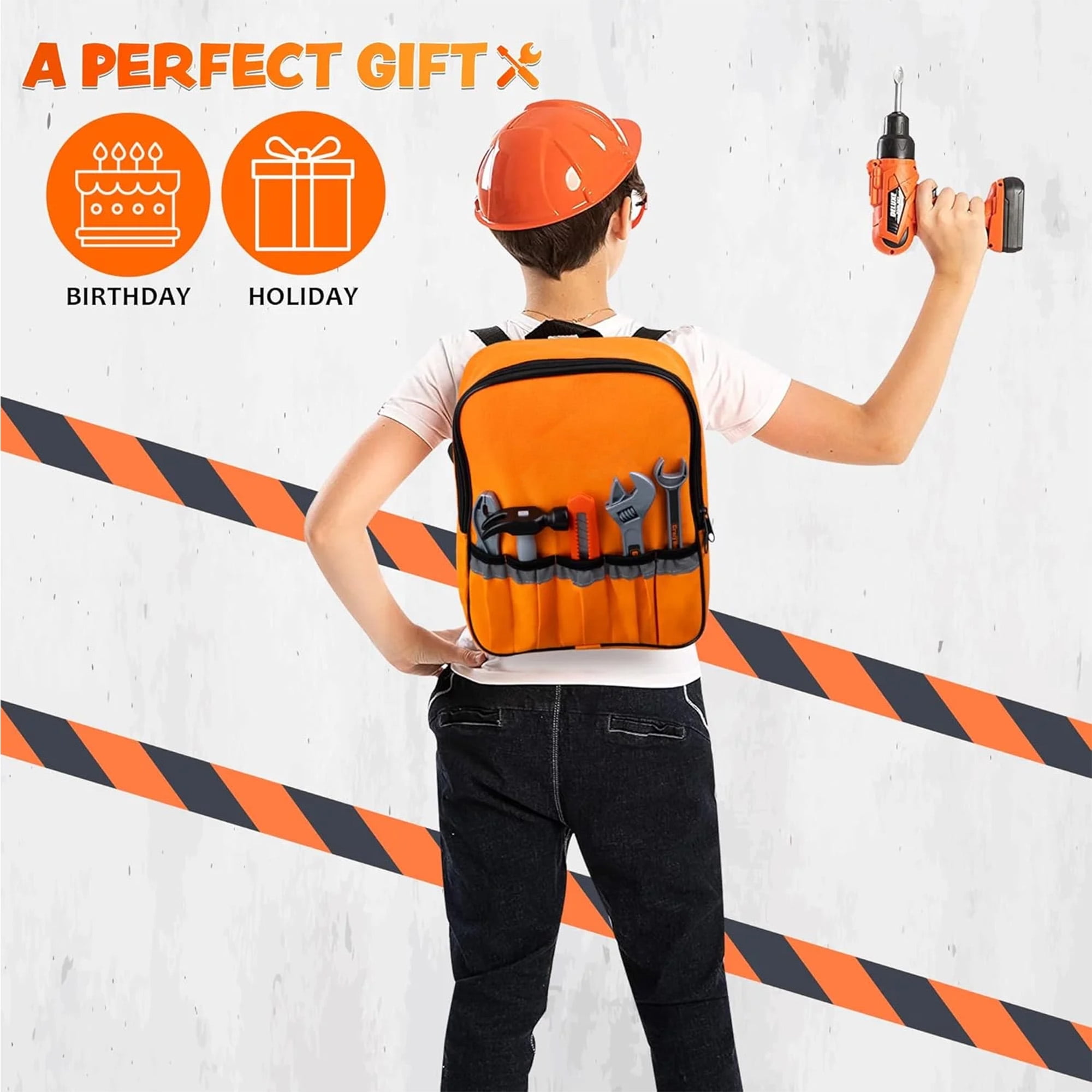 Joyfy 32-Piece Construction Tool Pretend Play Set with Electronic Toy Drill and Backpack (Orange, 32 Pieces) ta8me
