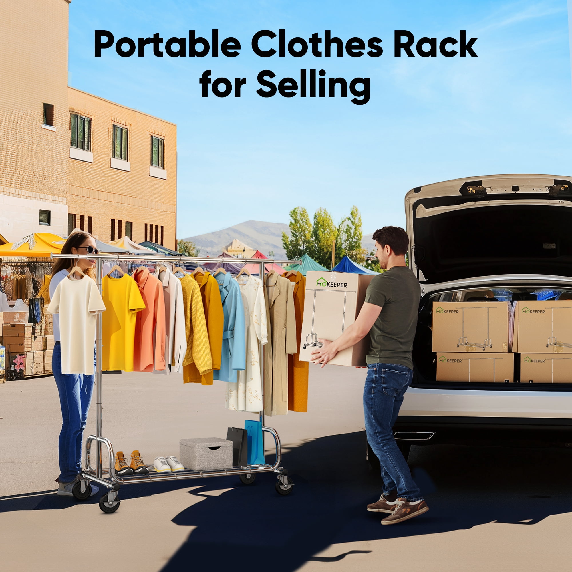 HOKEEPER Heavy Duty Rolling Garment Rack with Shelves, Commercial Grade Steel Clothes Organizer (Silver, 300 lb Capacity) 00wez