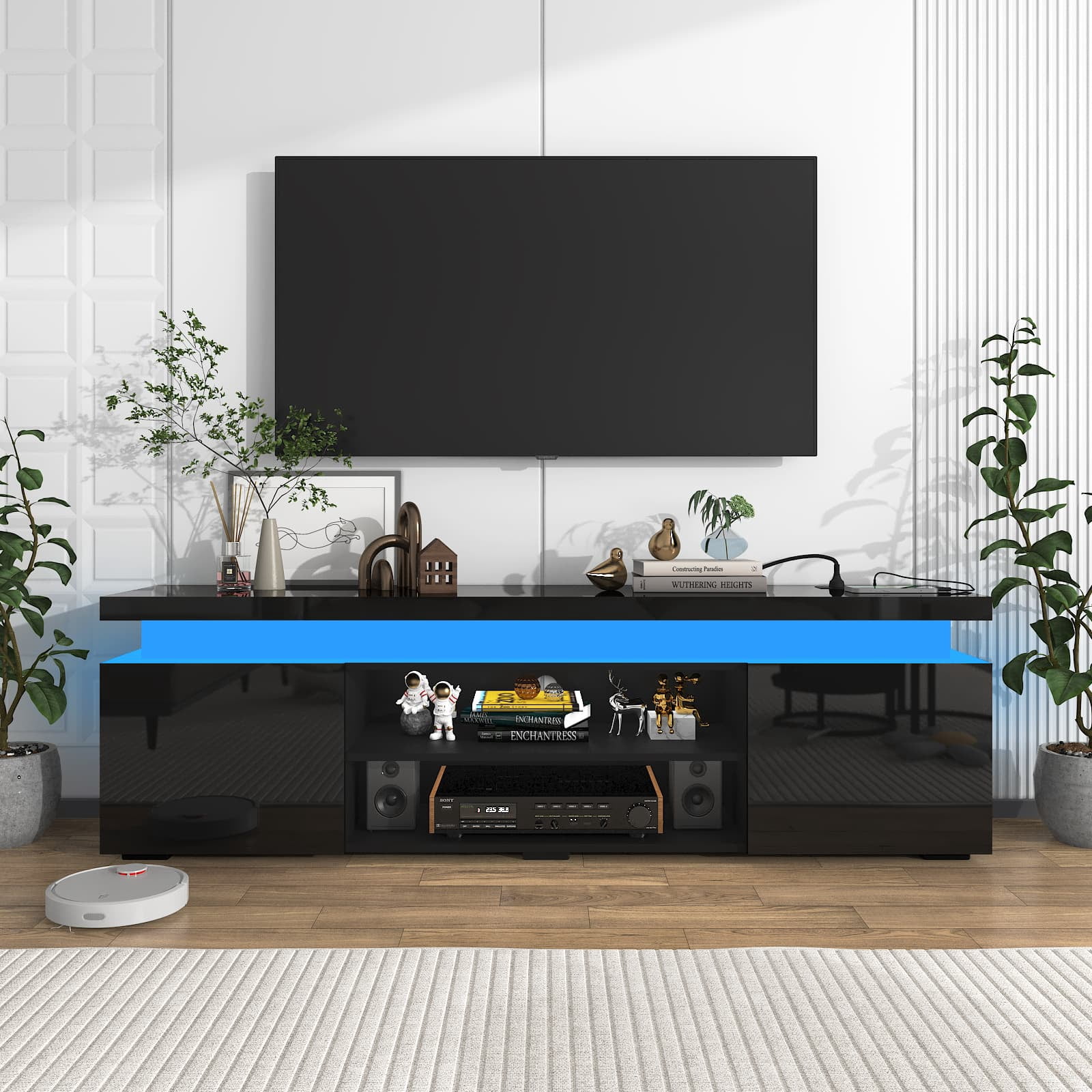 Chvans LED TV Stand for 85 in TVs with Power Outlet and RGB Lighting (Black, 75 in) 0xixa