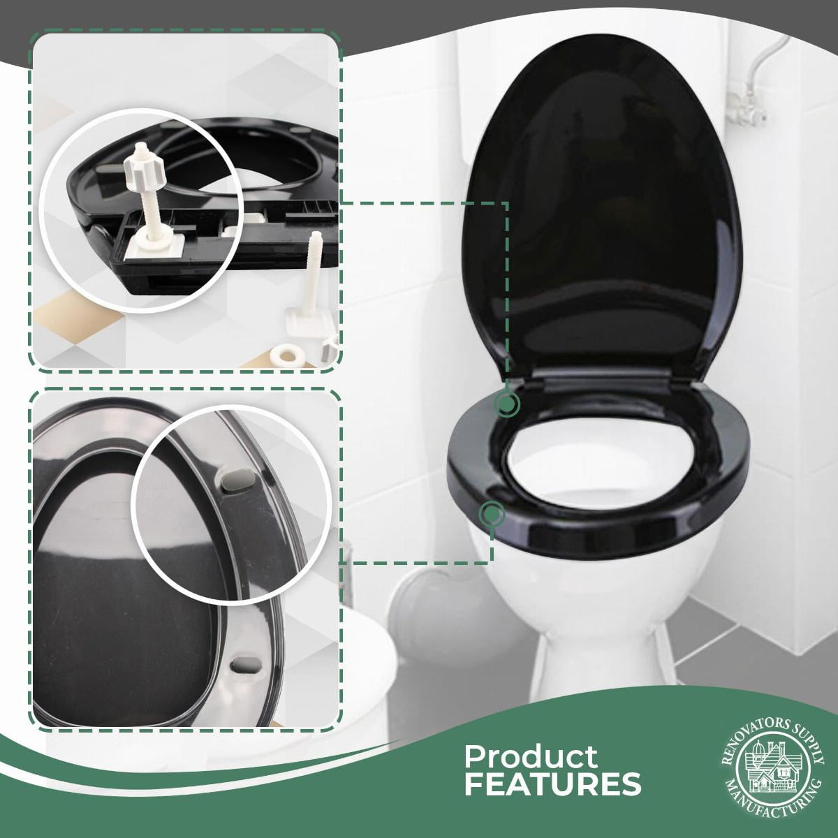Renovator's Supply Elongated Toilet Seat (Black, 19.25 in) Slow Close Soft Close Plastic Lid with Adjustable Hinges khdga