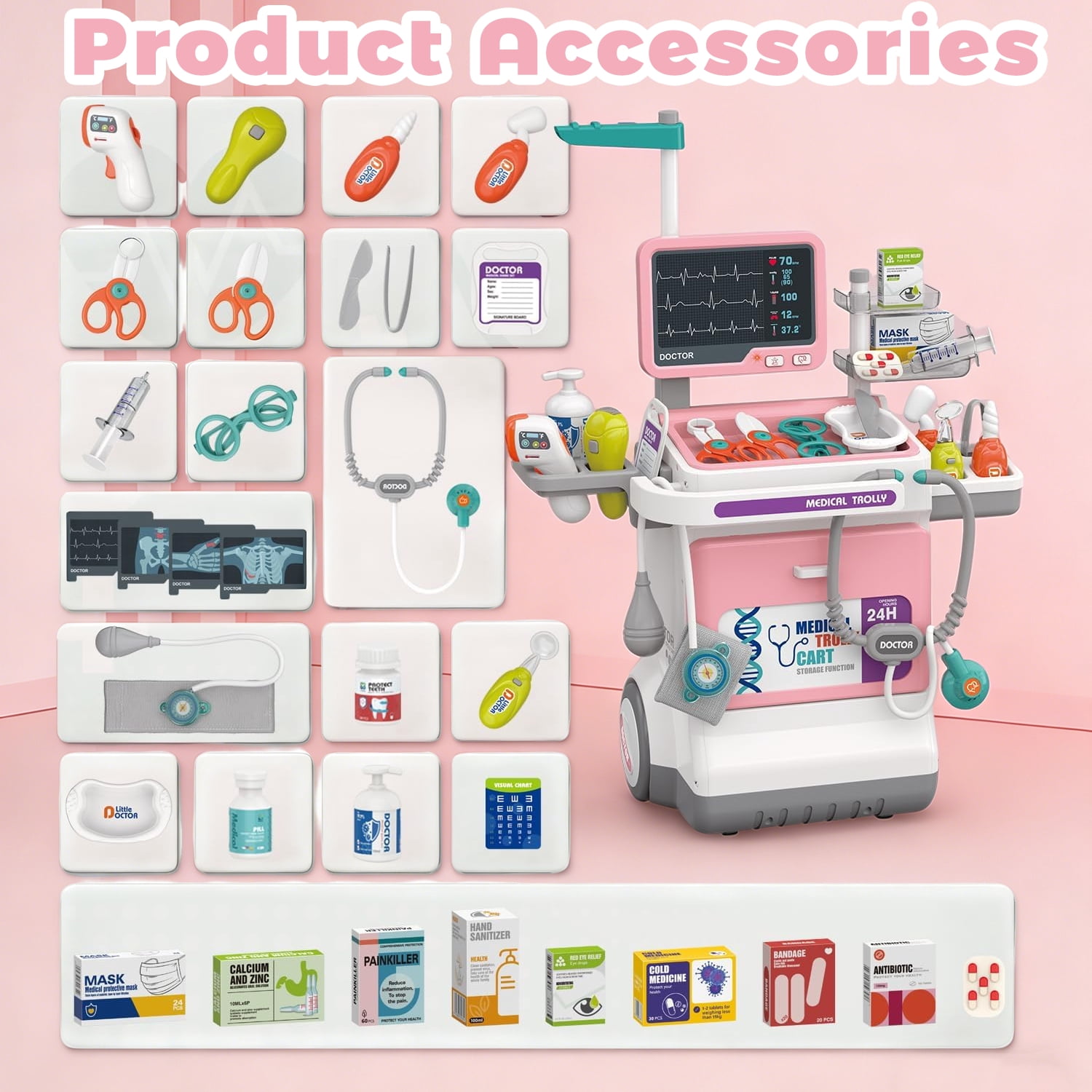 LINXUXIE Doctor Medical Play Set with Mobile Cart, Pretend Play Role Play Activity Center (Pink, 1 Set) huslj