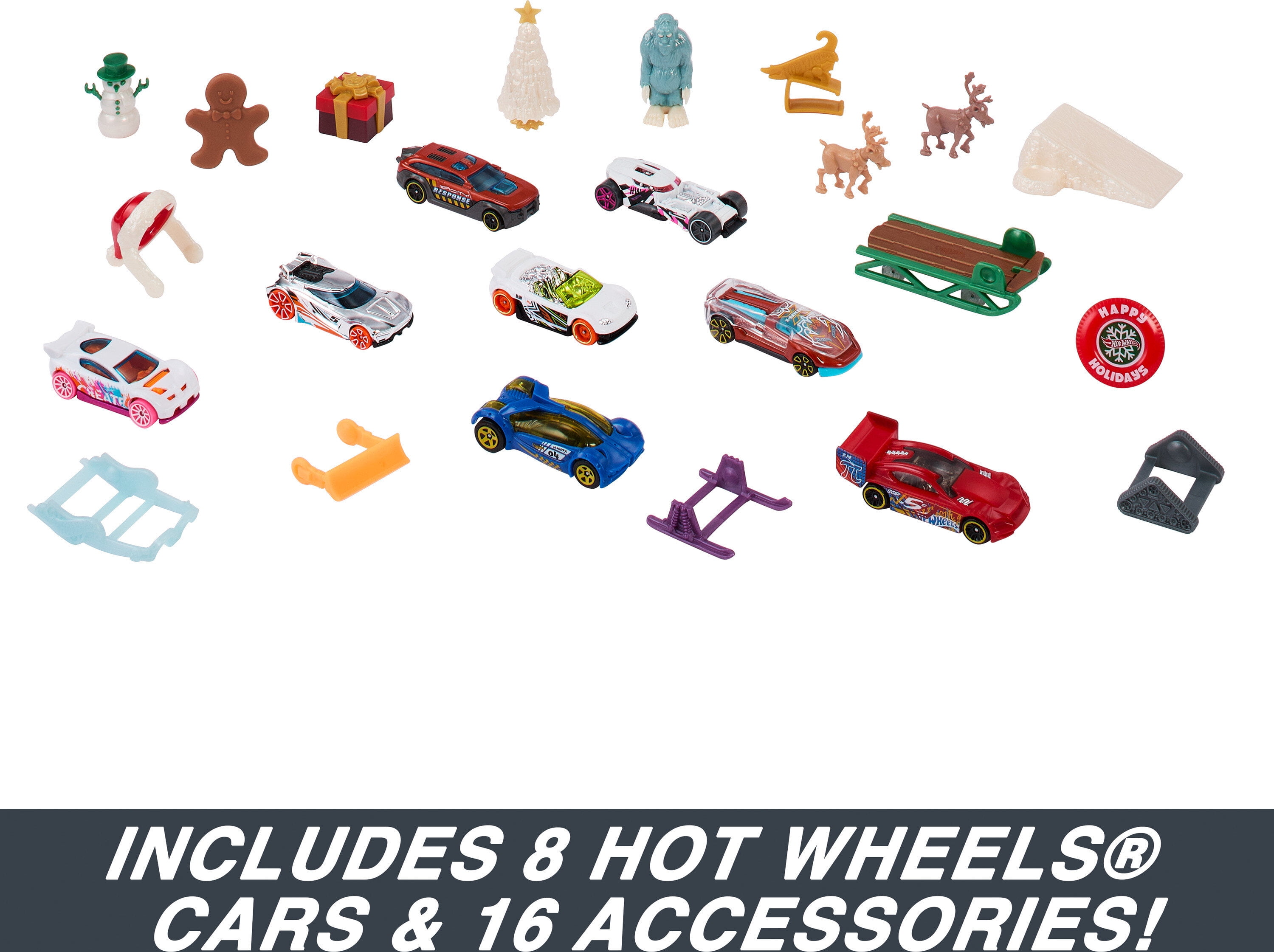 Hot Wheels Advent Calendar 2023 Holiday Gift Set with 8 Toy Cars and 16 Winter Accessories (24-Piece Set) 1prl8