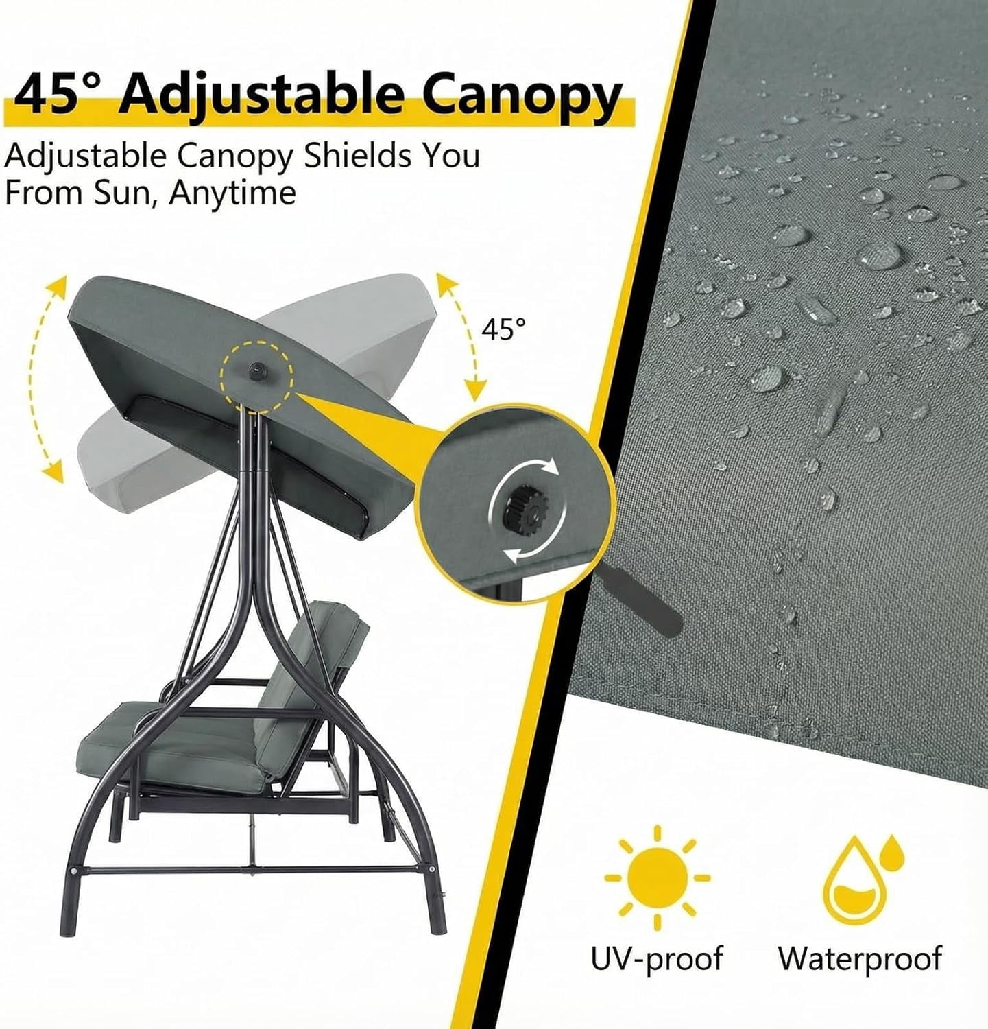Arlopu 3-Seat Porch Swing, Outdoor Patio Swing Chair with Adjustable Canopy and Removable Cushions (Gray, 57 in) x1s5b