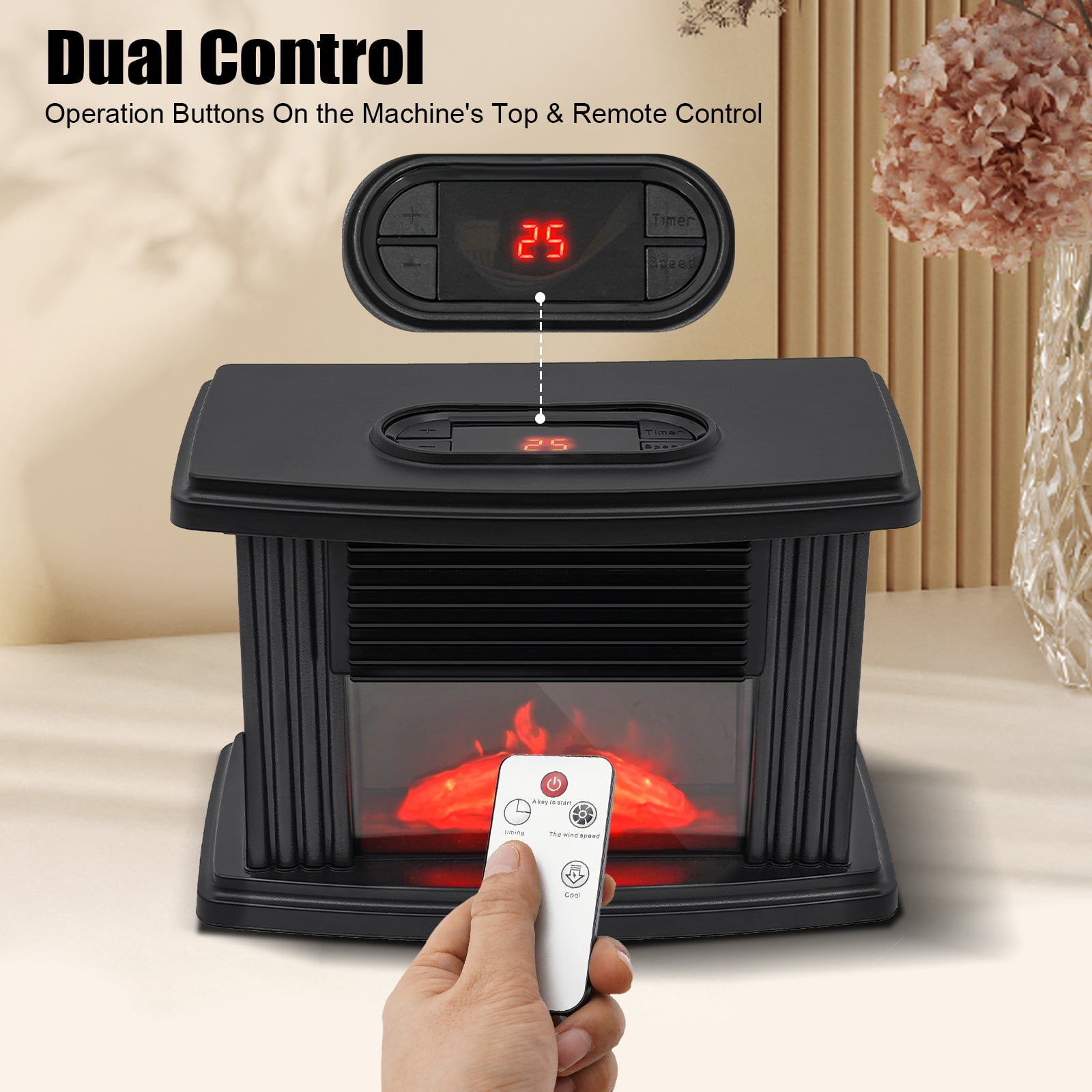 TOOL1SHOoo Electric Fireplace Space Heater, 3D Flame Log Burner, Portable Fast Heating (Black, 1000W) b20fj